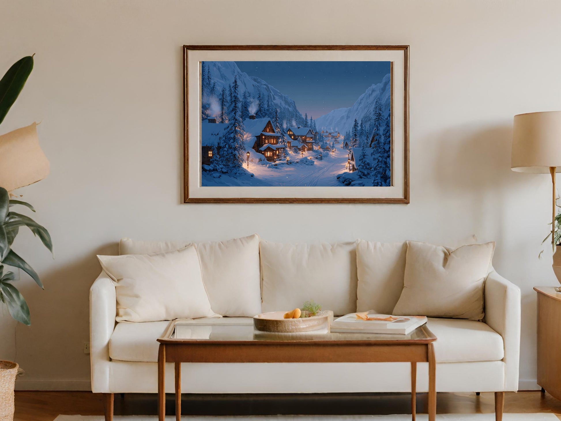 Enchanting Snowy Mountain Village Night Glowing Art Product Type