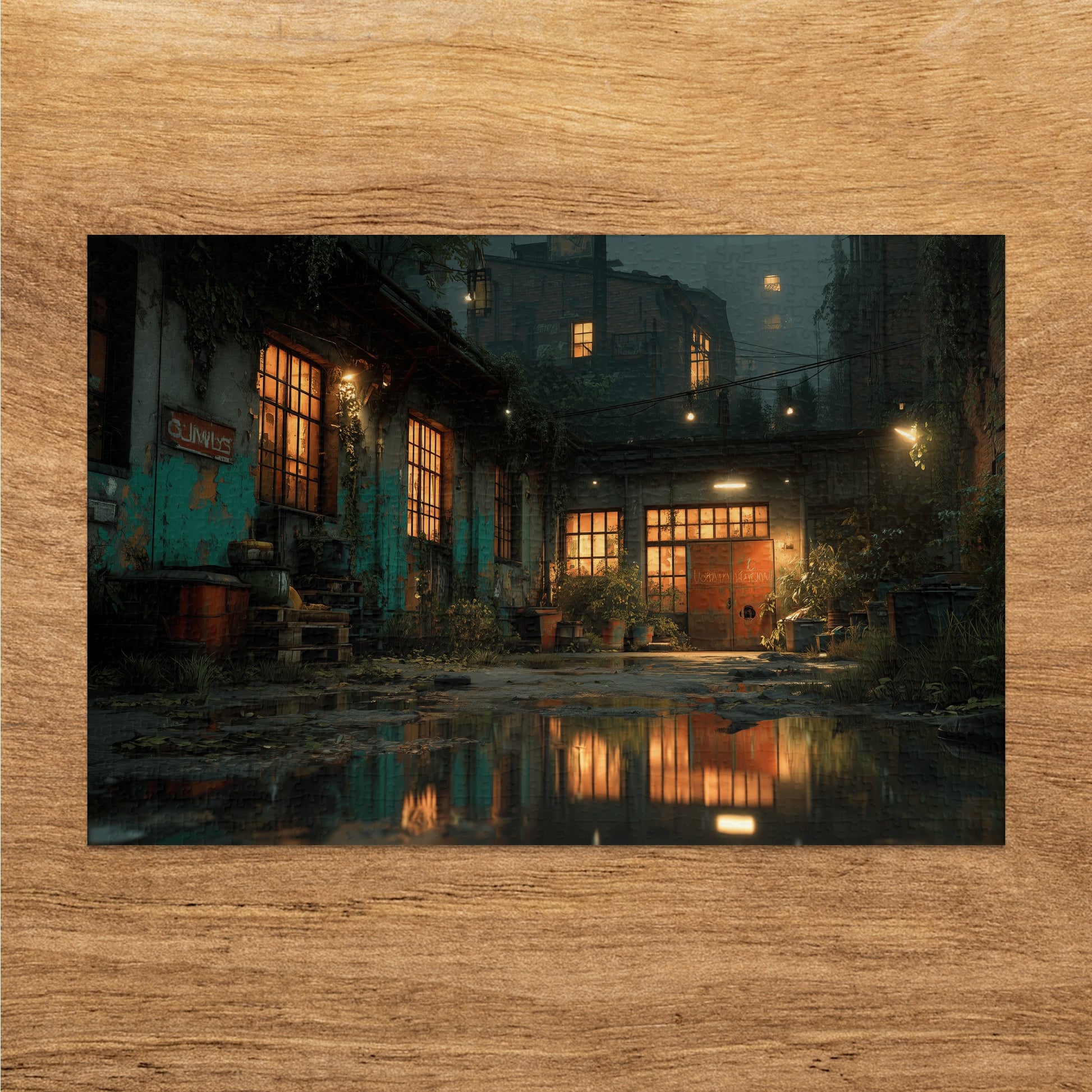 Rainy alley with glowing windows and reflections on wet ground.