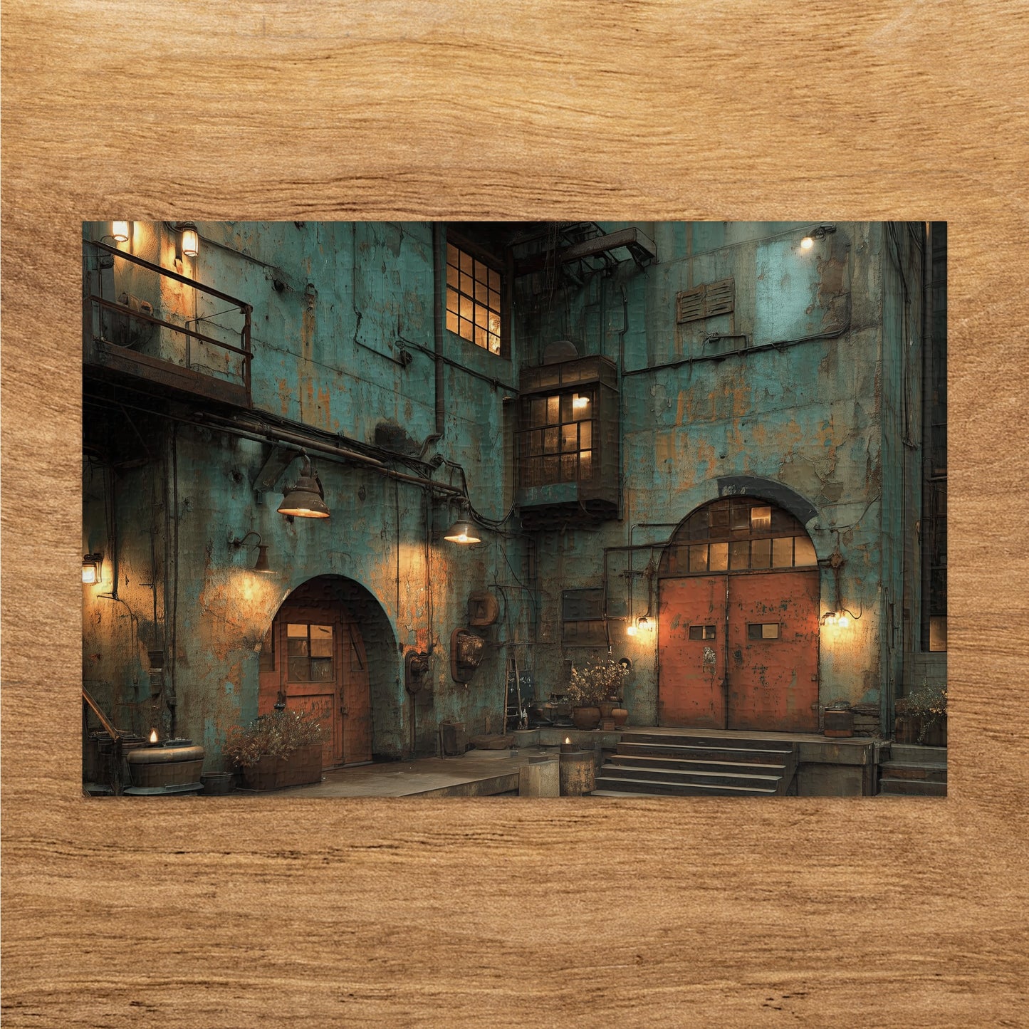 Rusted industrial building exterior with red doors and lit windows.