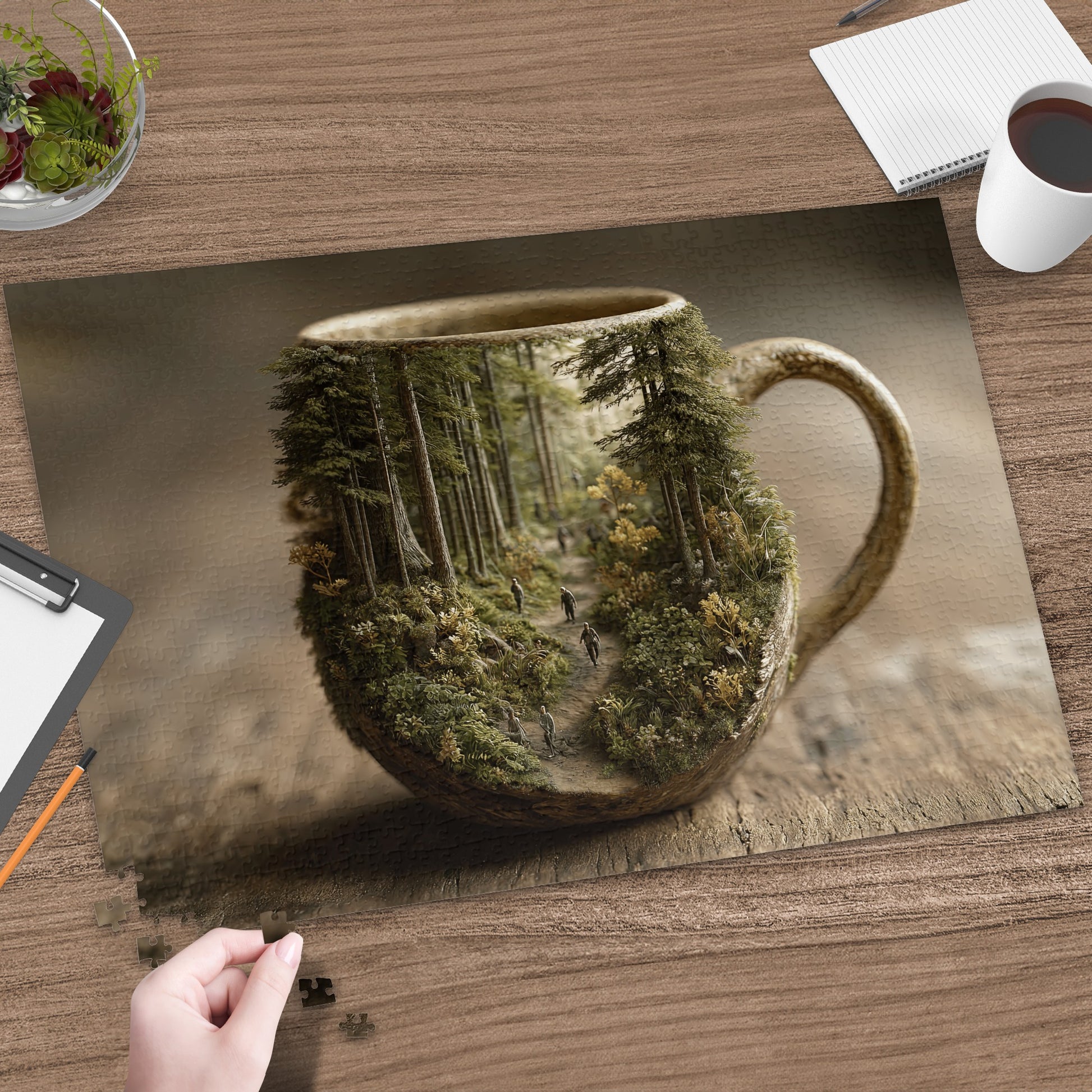 Coffee mug puzzle with forest scene and people walking on path.