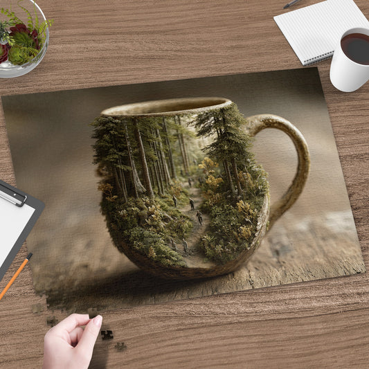 Coffee mug puzzle with forest scene and people walking on path.