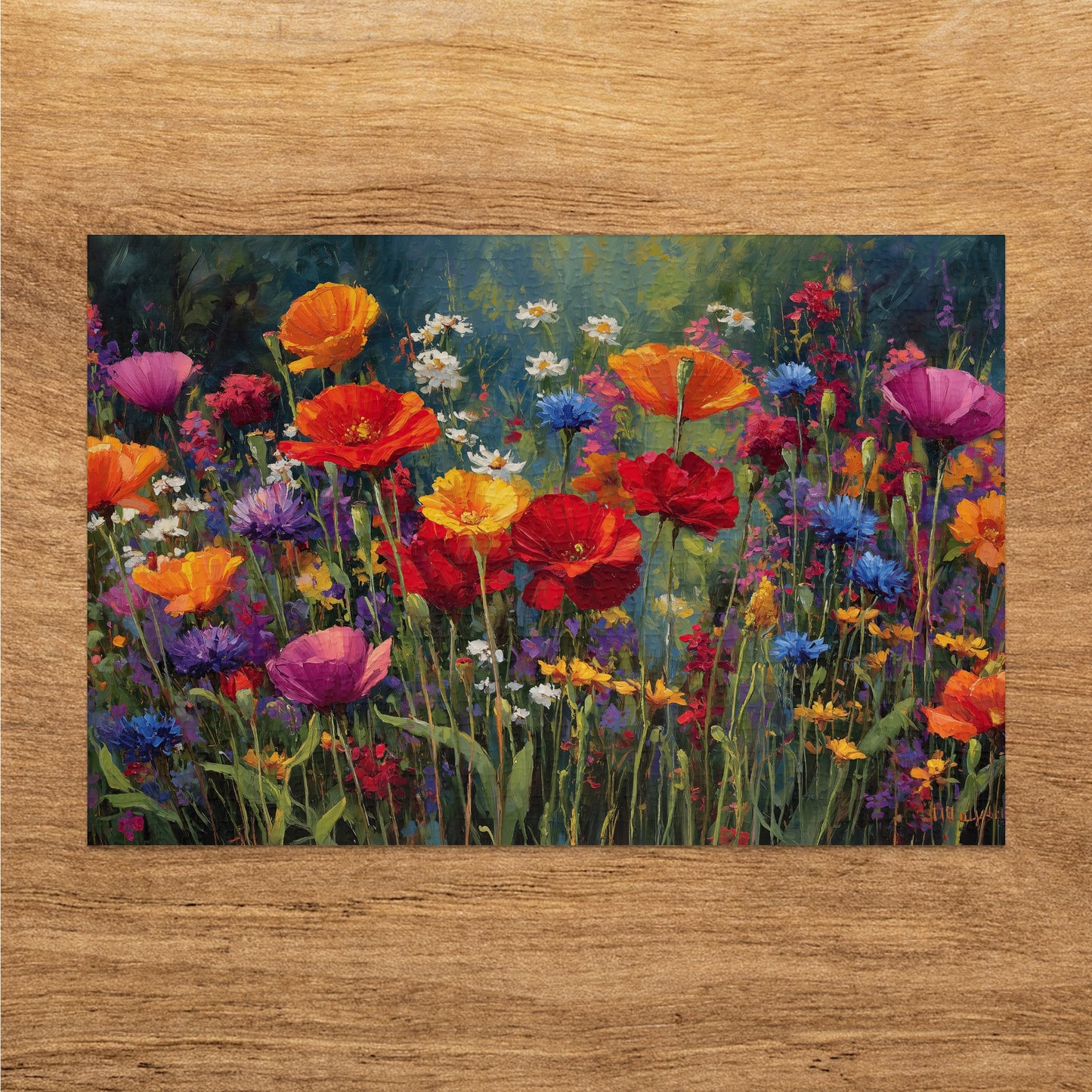 Floral painting of poppies and wildflowers on a textured wooden background.