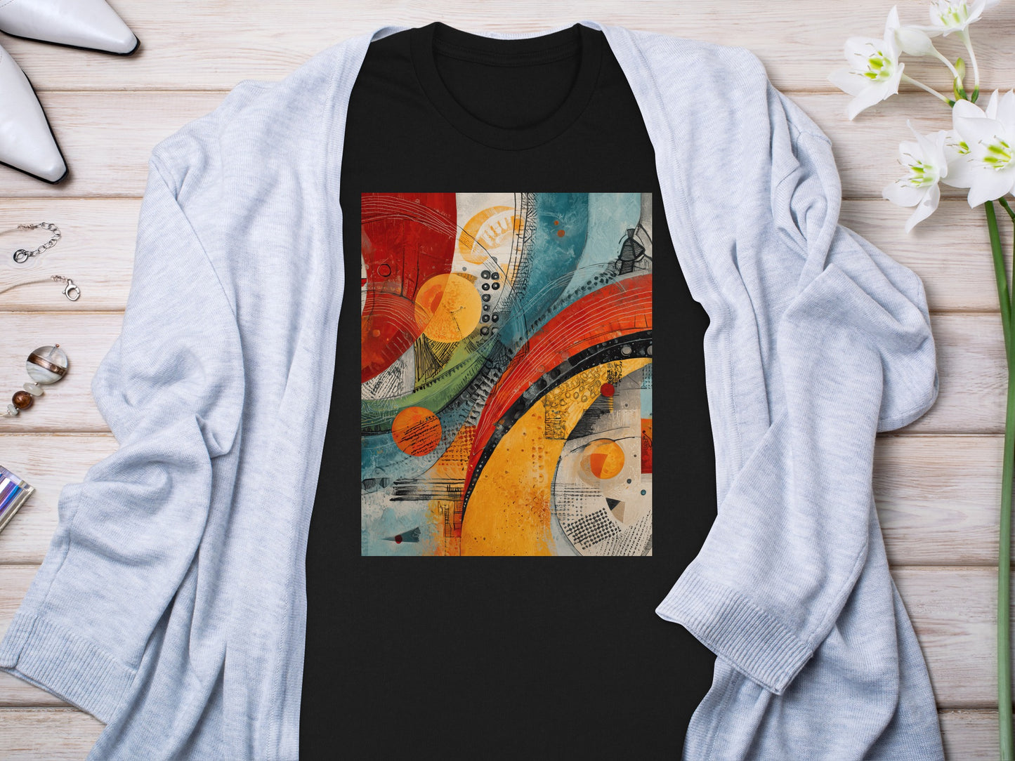 Vibrant Abstract Geometric Art Black Shirt product type
Abstract art, Geometric design, Vibrant colors, Modern print, Artistic graphic, Colorful circles, Black base, Unique pattern, Contemporary art, Bold design, Graphic print, Streetwear style, Creative artwork, Abstract shapes, Dynamic art, Expressionism, Textured design, Pop art influence, Visual art, Artistic apparel