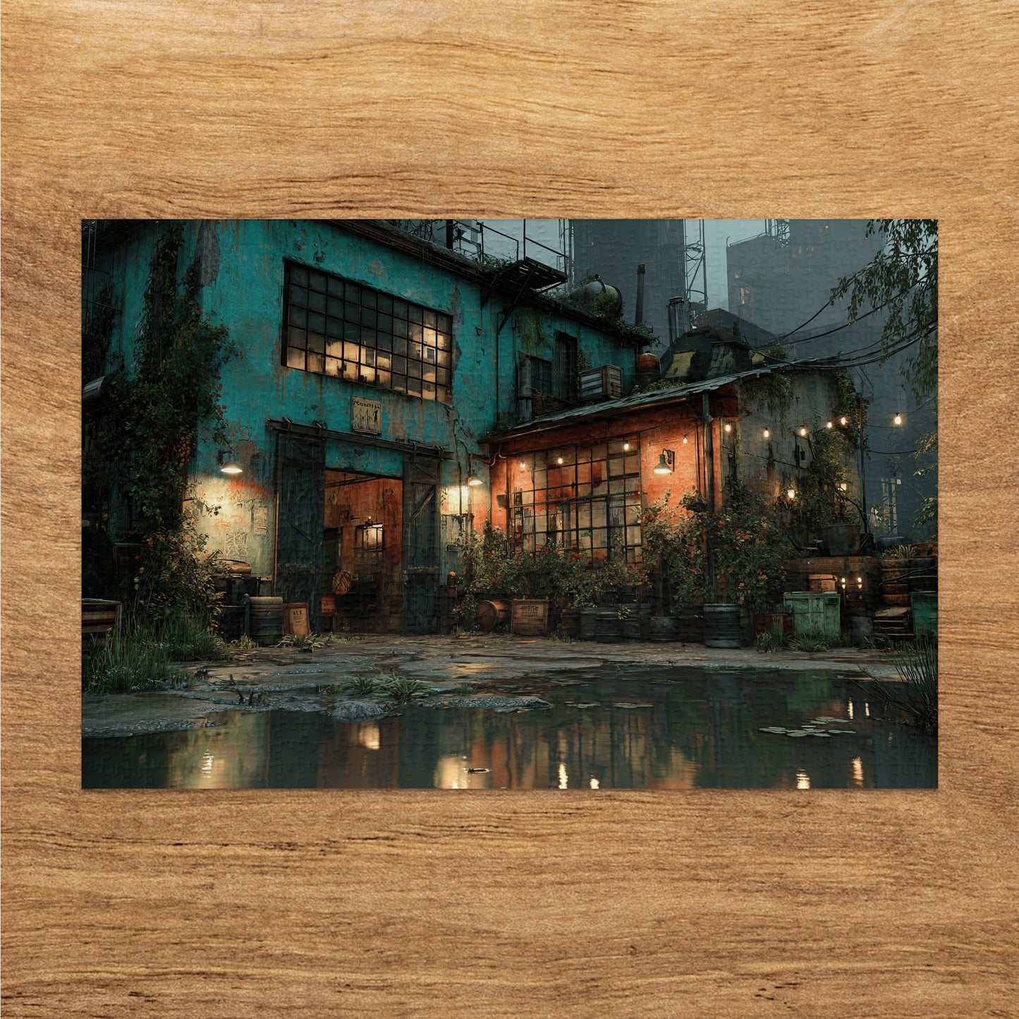Grungy industrial building with lights reflecting in water puddle.