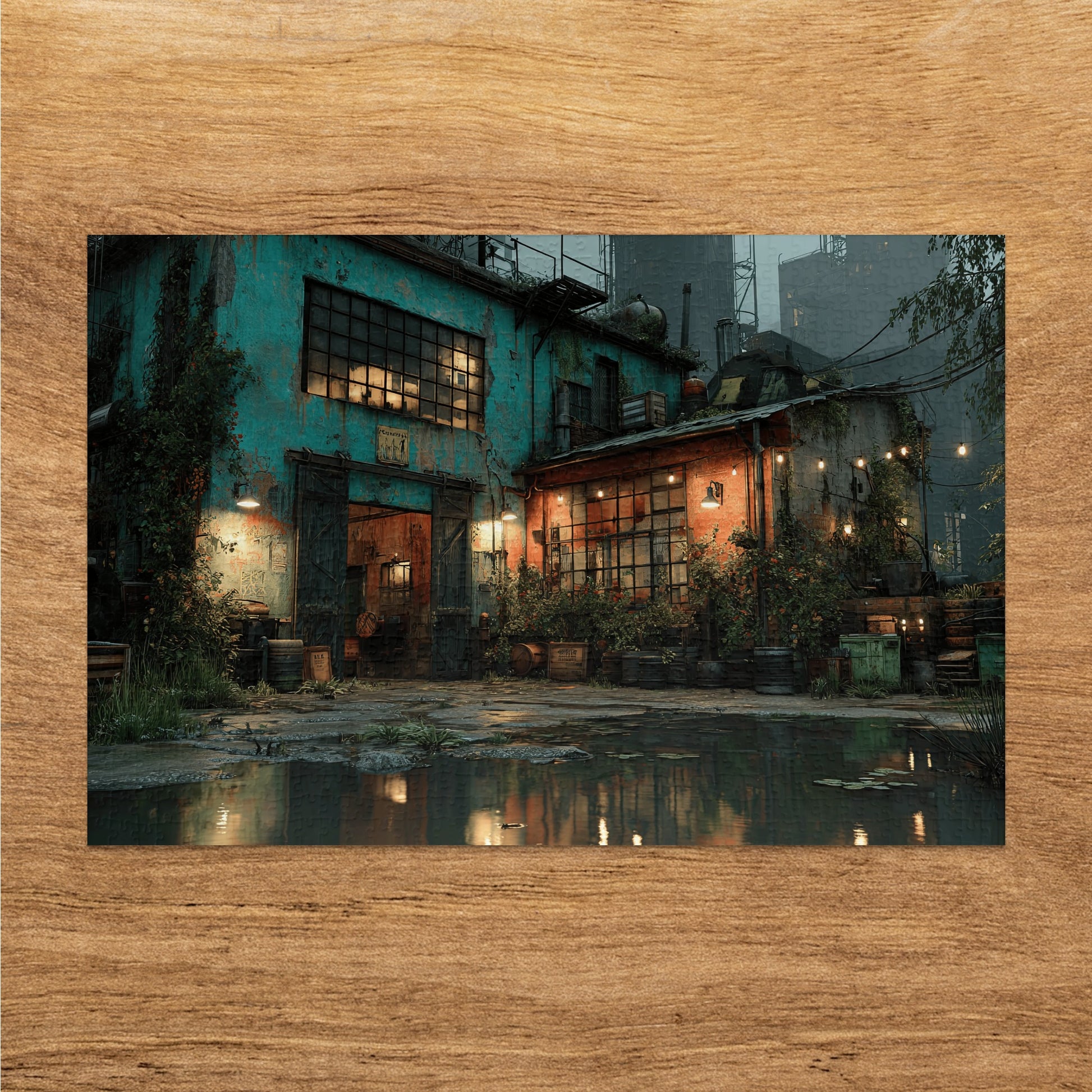 Grungy industrial building with lights reflecting in water puddle.