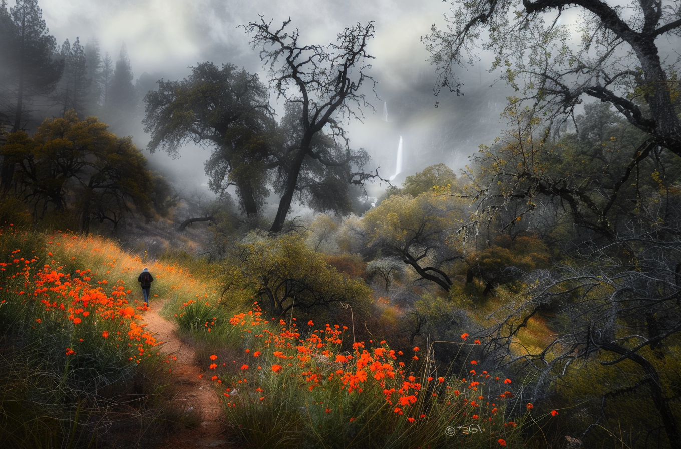 Mystical Forest Path with Stunning Orange Blossoms