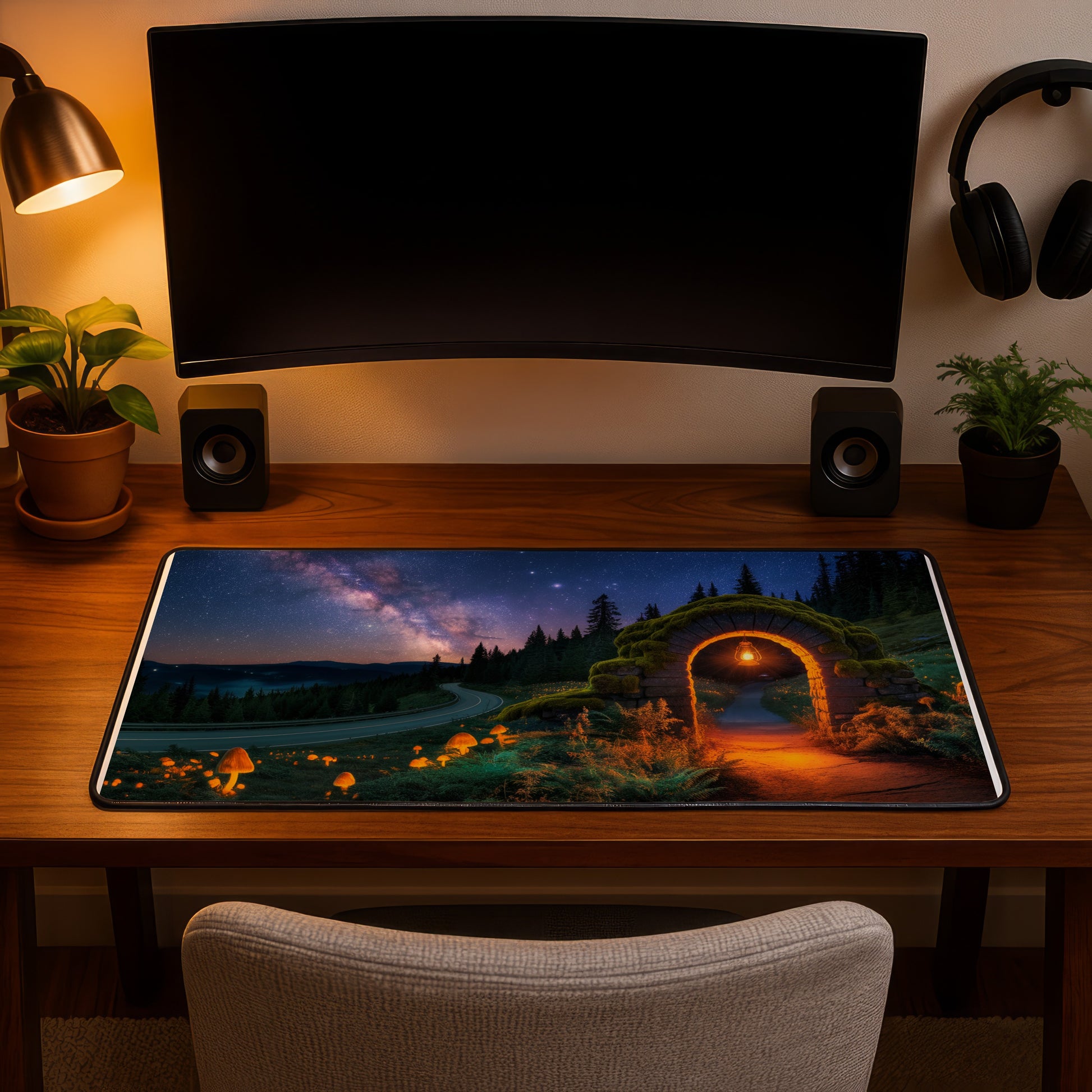 Mousepad with fantasy landscape, archway, glowing mushrooms, and starry sky.