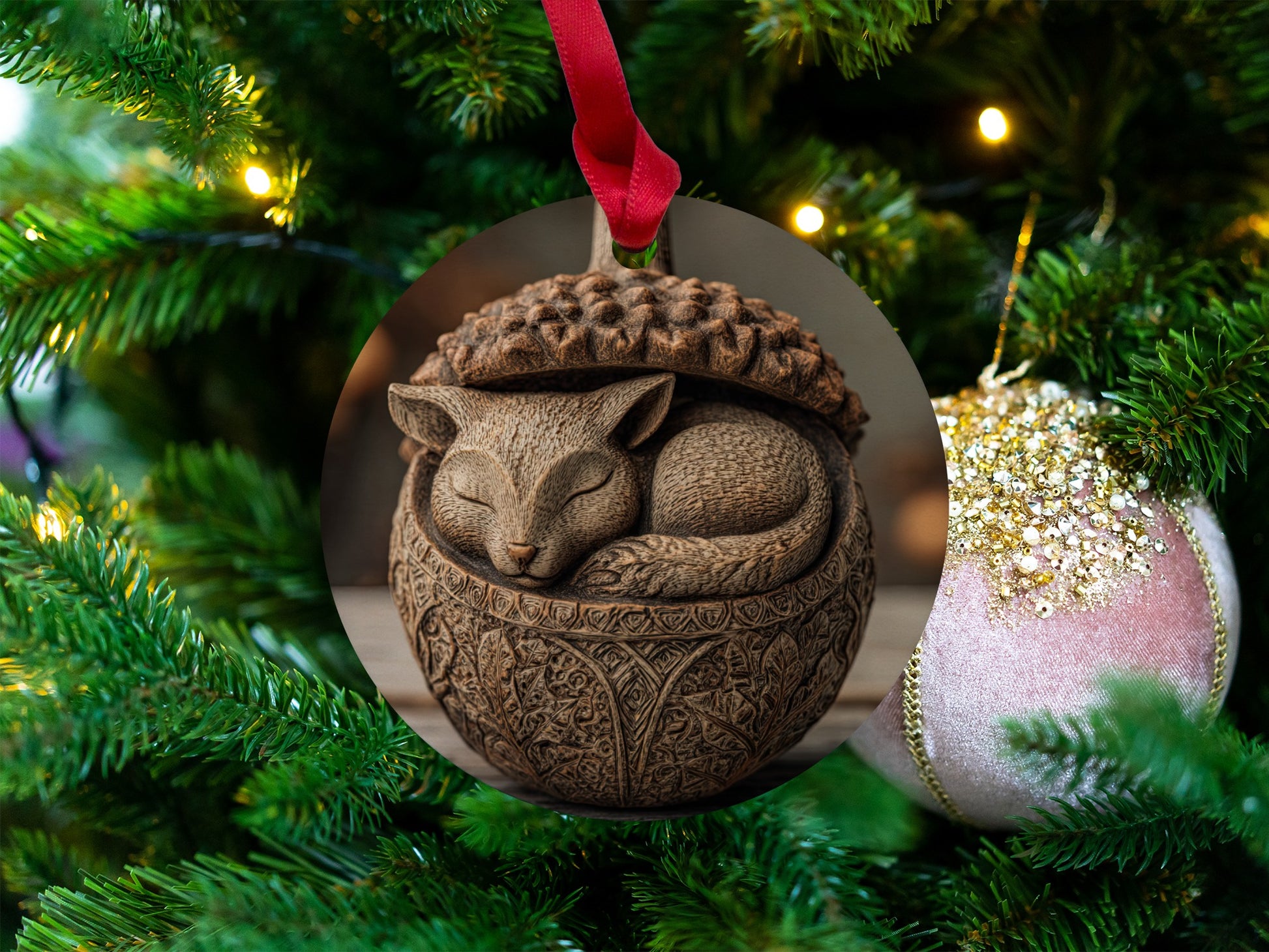 Intricately Designed Acorn Shaped Sleeping Cat Ornament