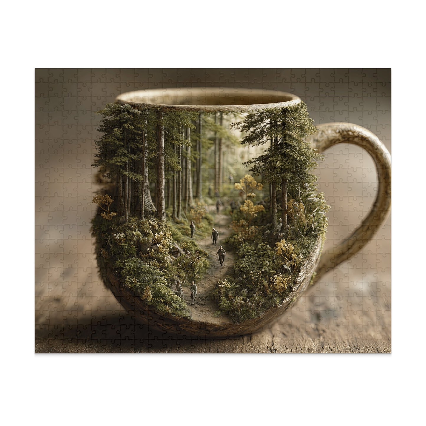 Forest path with hikers inside a textured coffee mug.