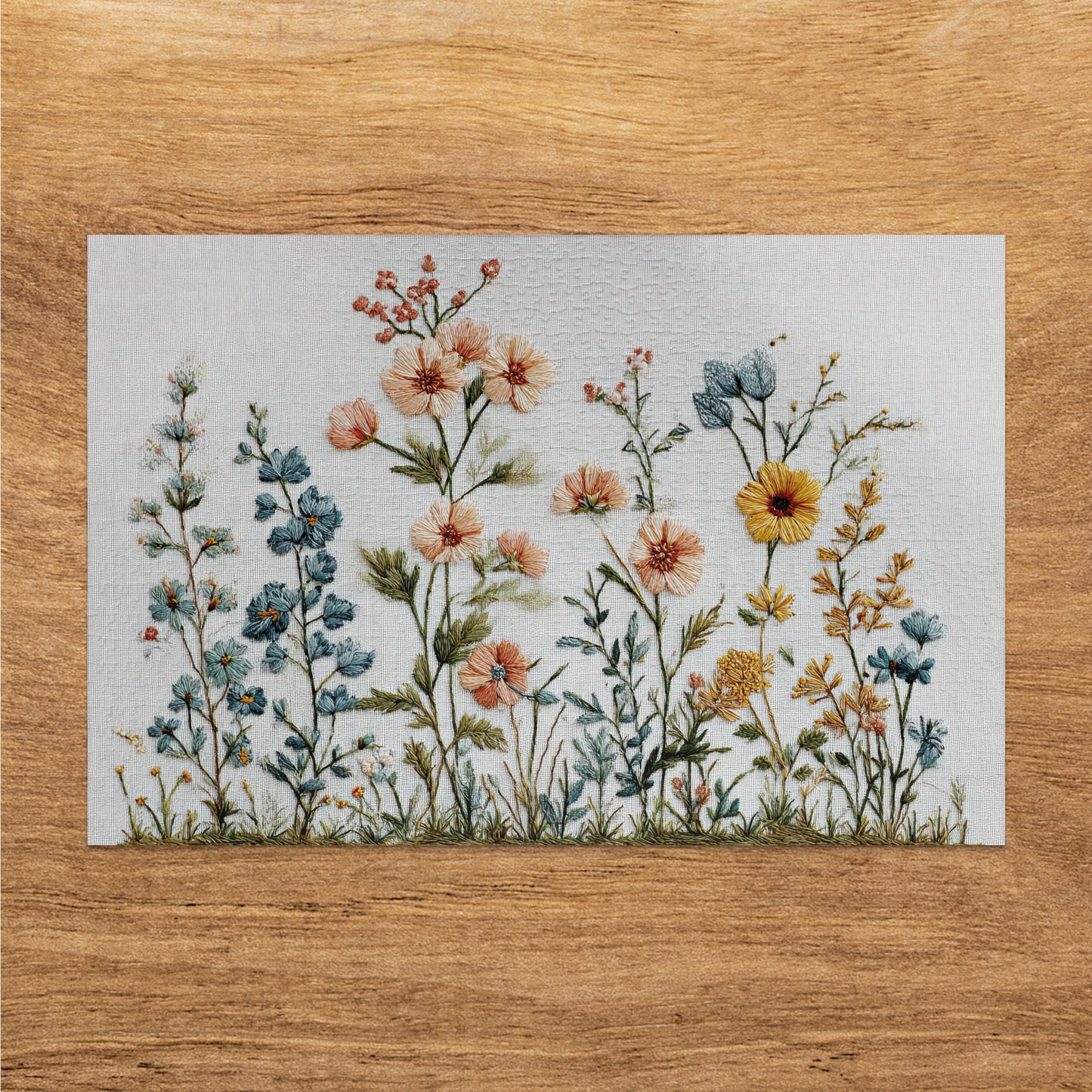 Floral embroidered tapestry with wildflowers and greenery on a wooden background.