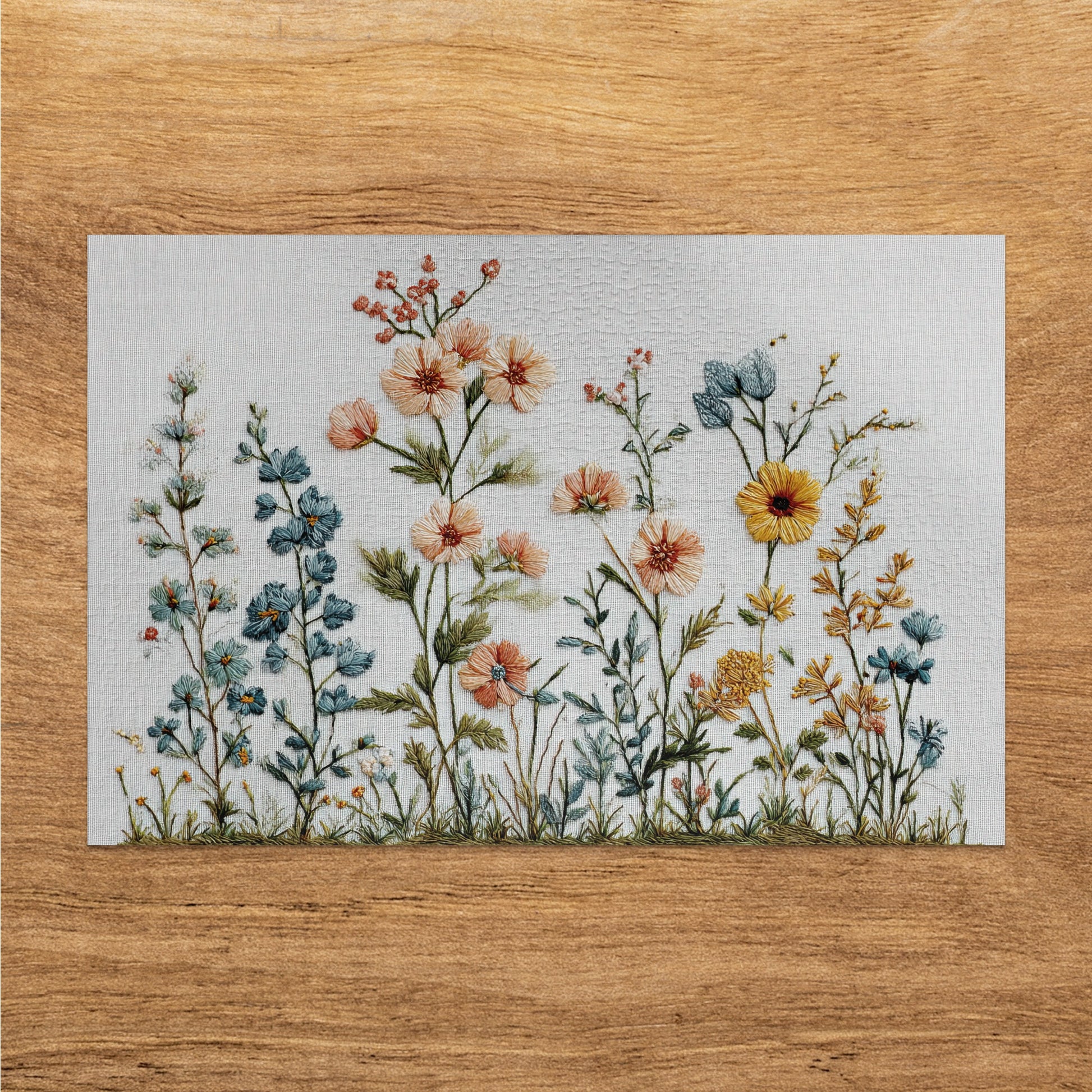 Floral embroidered tapestry with wildflowers and greenery on a wooden background.