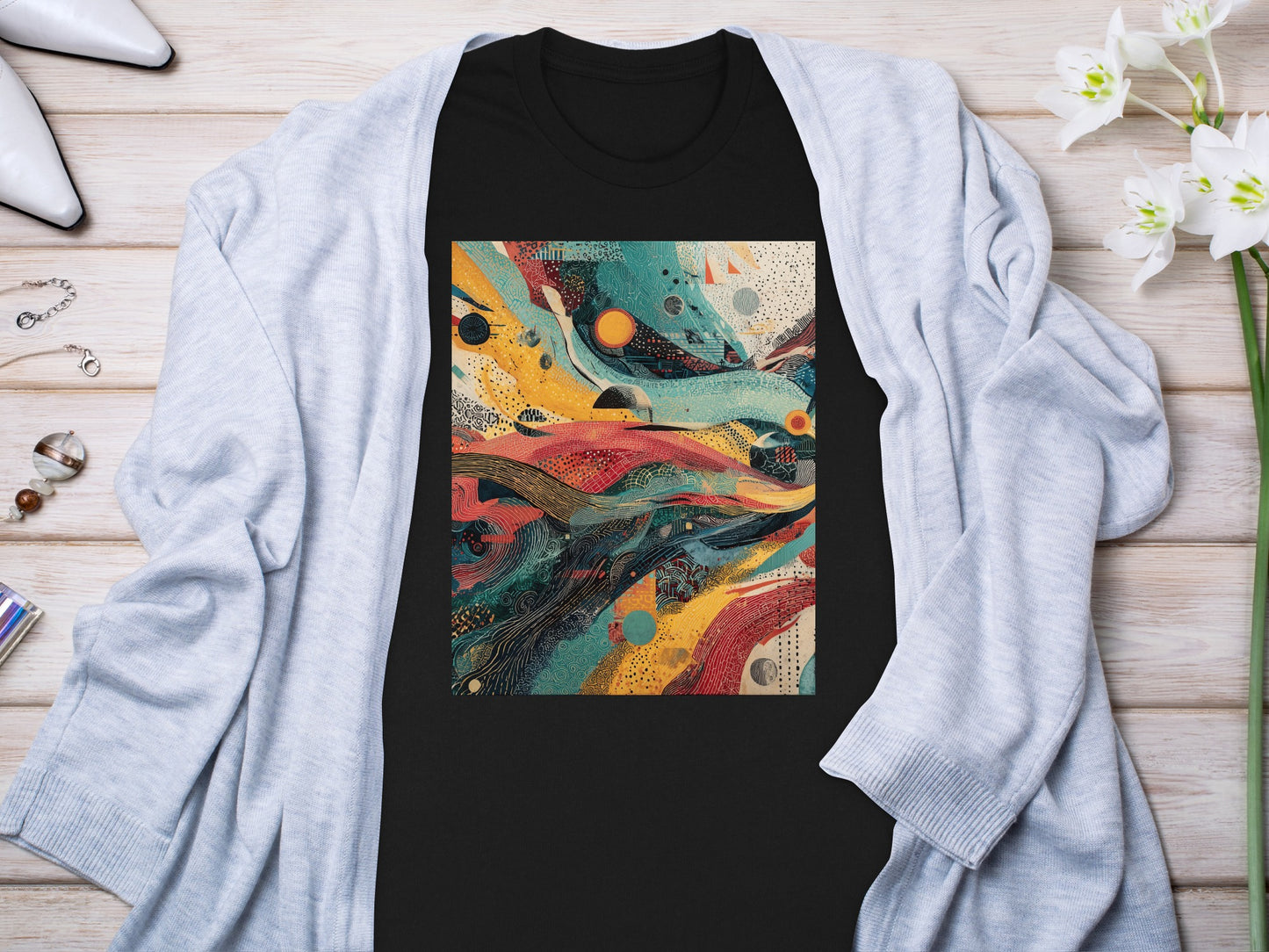 Vibrant Abstract Wave Pattern Art Colorful Black product type
Abstract Art
Vibrant Design
Wave Pattern
Artistic Graphic
Colorful Print
Modern Abstract
Geometric Shapes
Psychedelic Style
Retro Vibes
Unique Fashion
Black Shirt
Teal Yellow Red
Energetic Design
Statement Piece
Graphic Apparel
Contemporary Art
Abstract Painting
Digital Art Print
Artistic Apparel
Pop Art Inspired