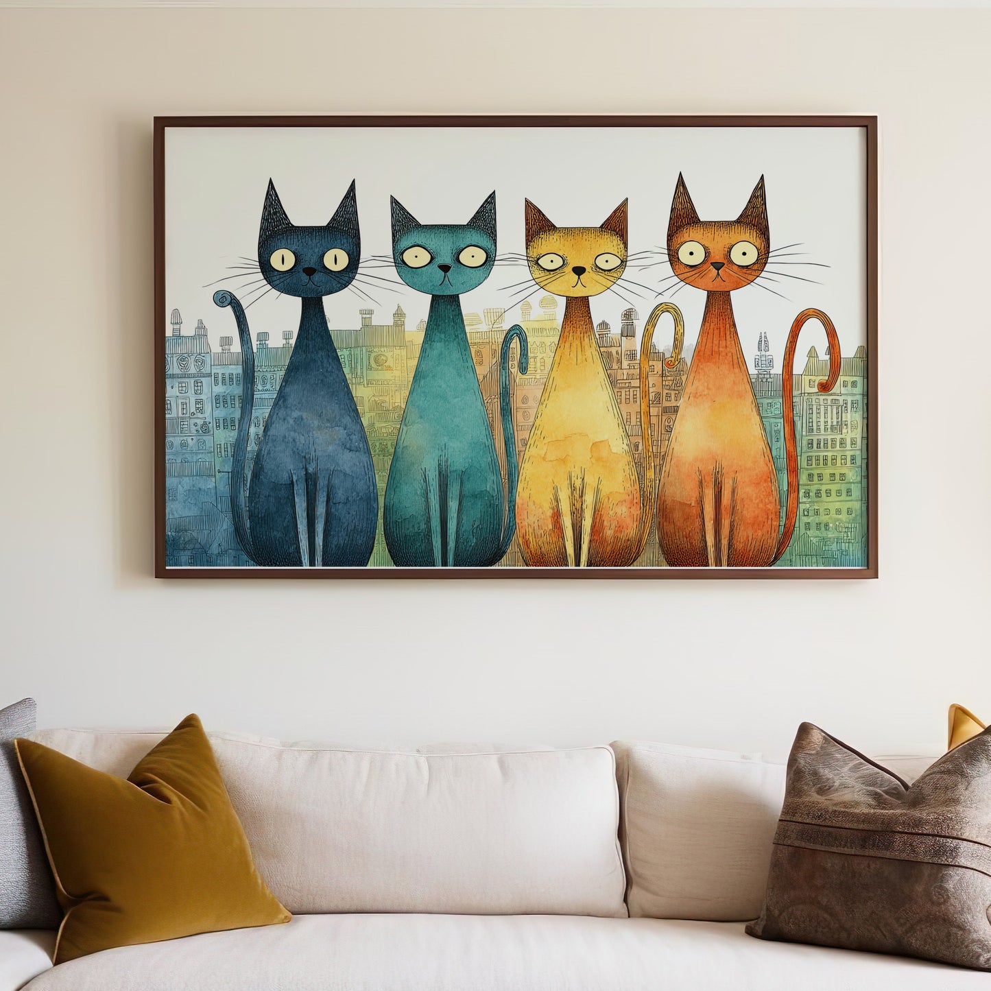 Four stylized cats in a row against a cityscape background.