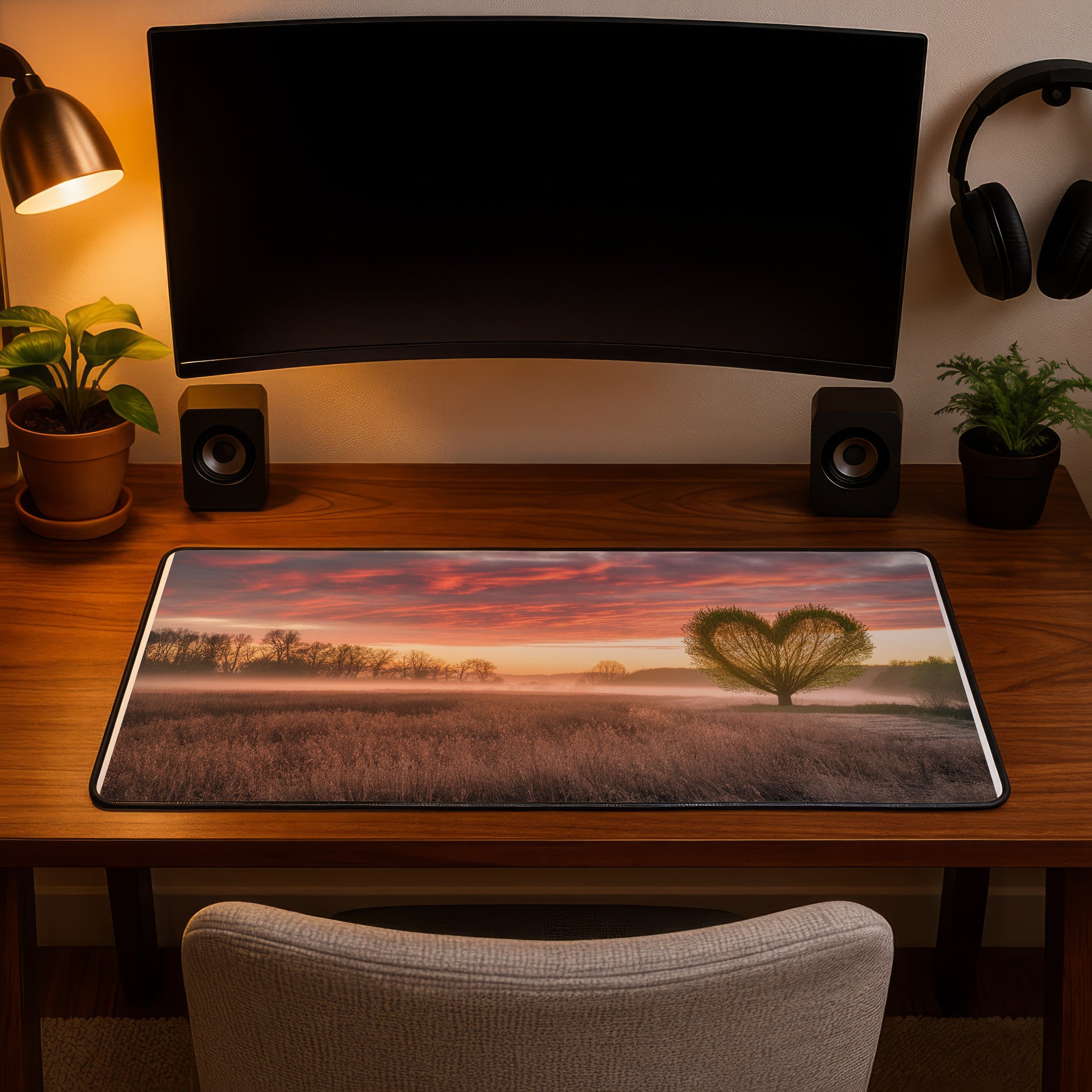 Desk mat featuring a heart-shaped tree in a foggy field at sunset