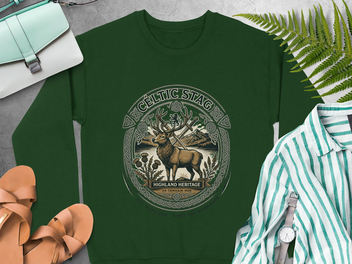 Green sweatshirt with Celtic stag design, mountains, and text "Highland Heritage".