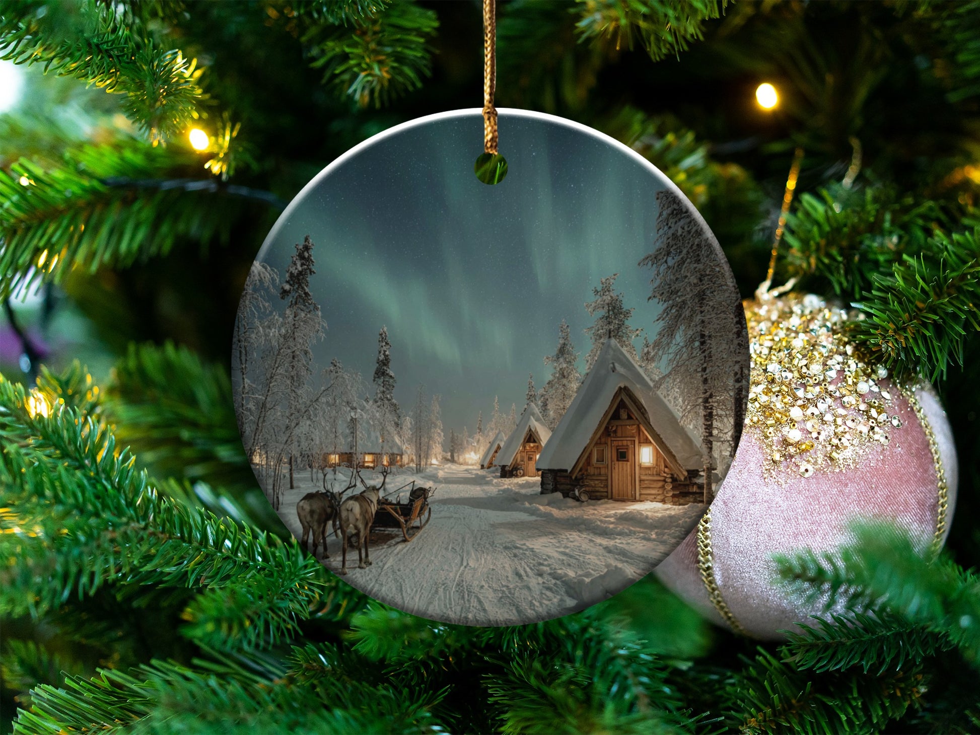 Beautiful Christmas Tree Decoration with Snowy Village Scene