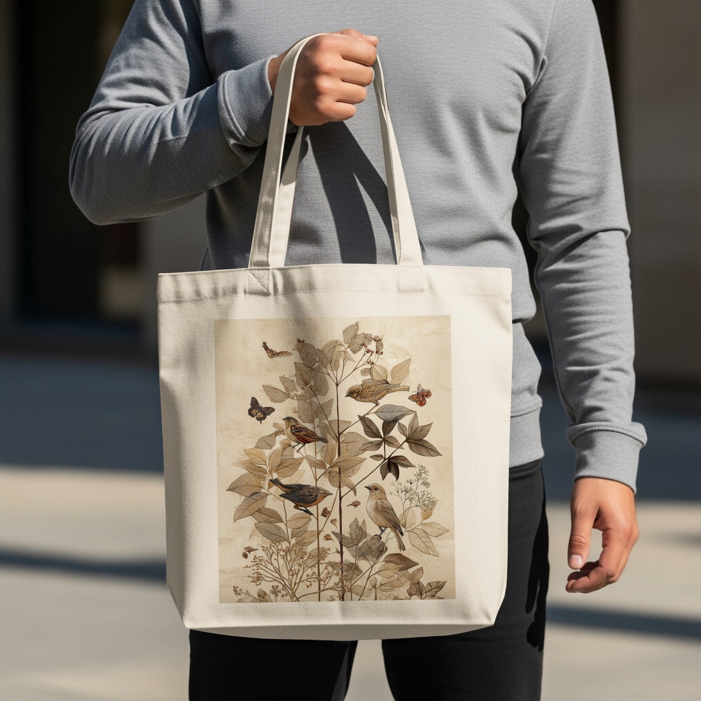Vintage Bird and Butterfly Print Tote Bag