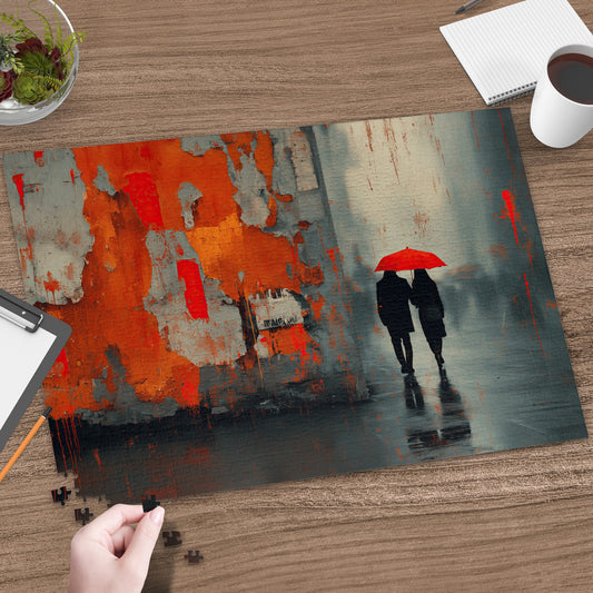 Couple Red Umbrella Rainy Abstract Urban Artwork Jigsaw Puzzle product type