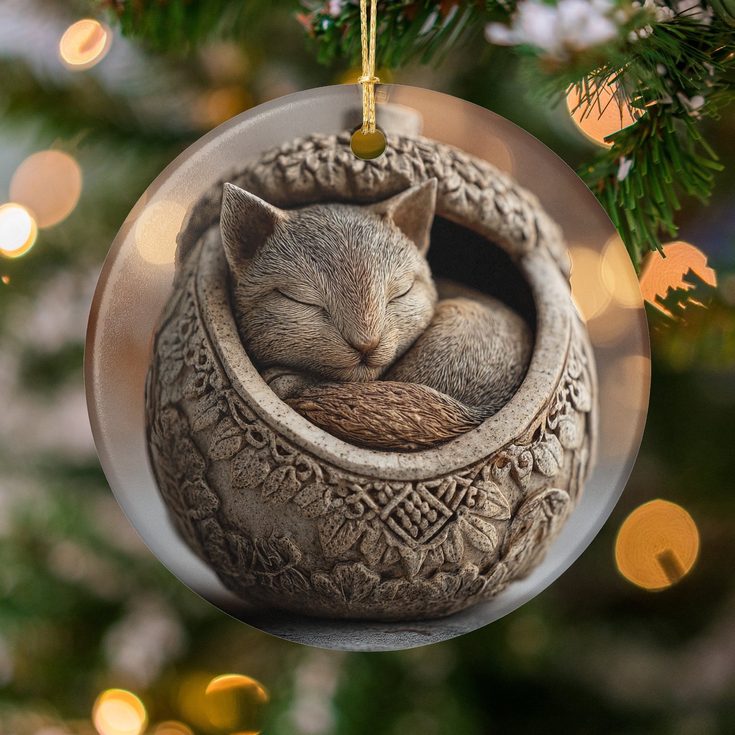 Sleeping Cat in Intricate Round Ornament