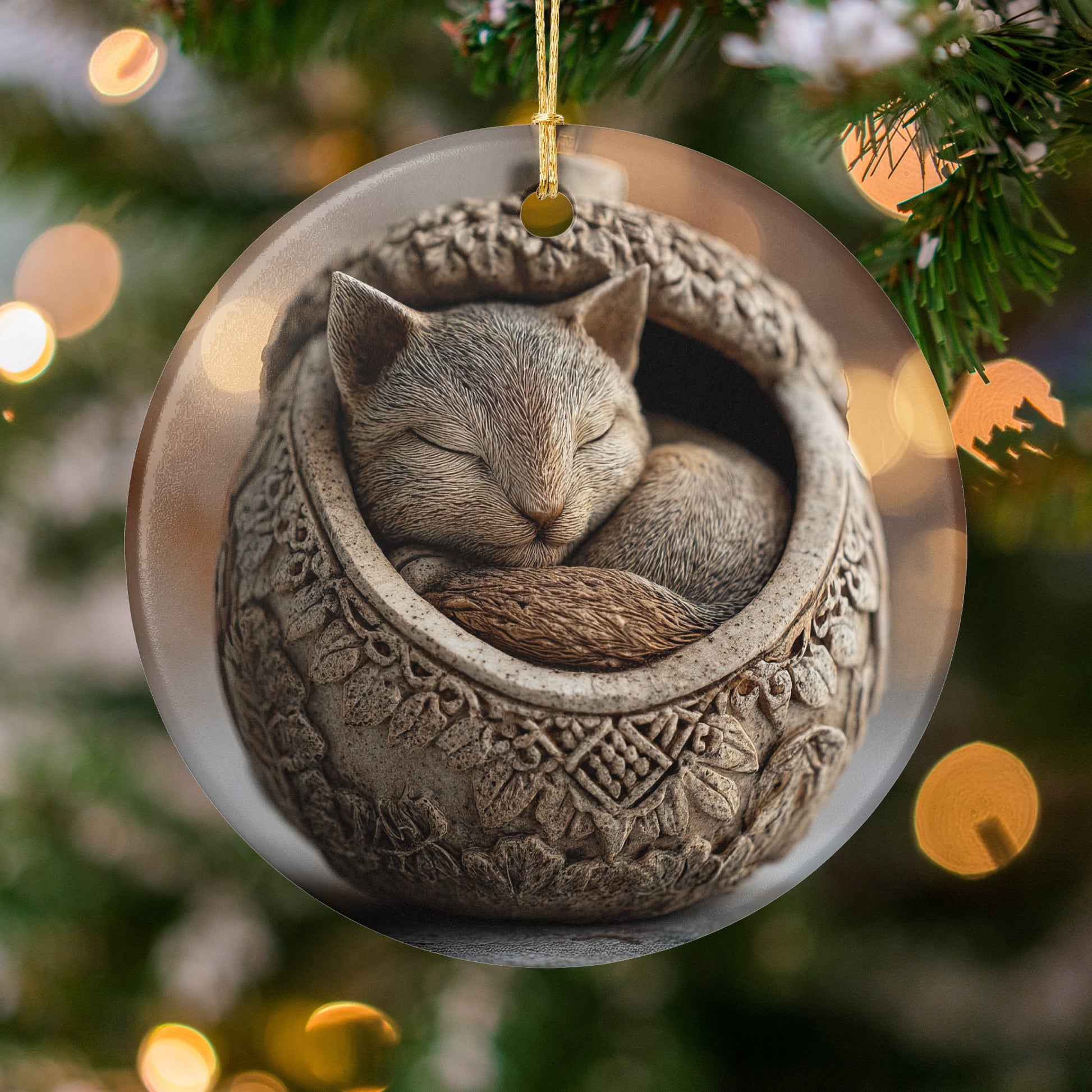 Sleeping Cat in Intricate Round Ornament