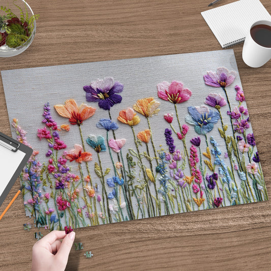 Embroidery of colorful wildflowers and plants on a textured gray background.