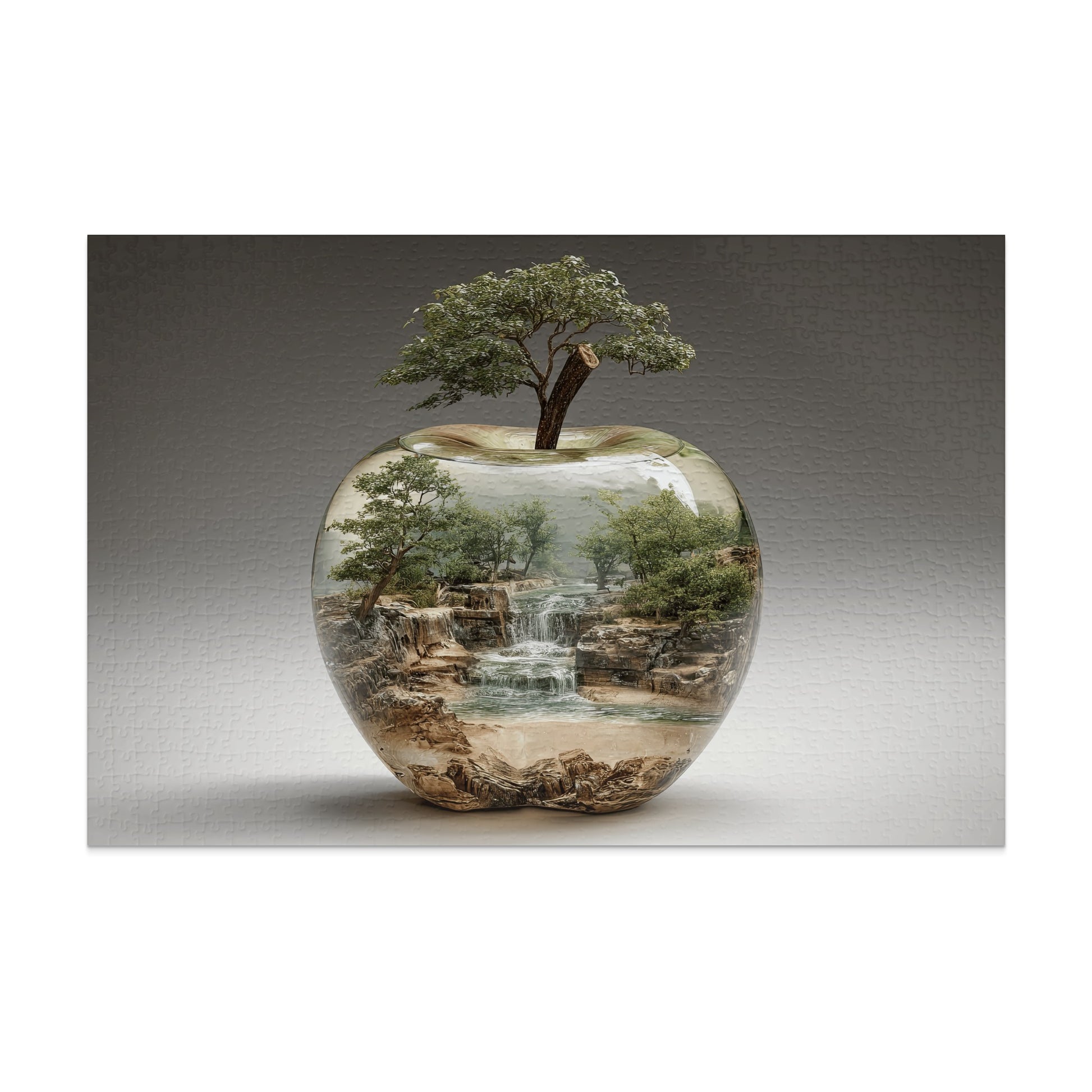 Apple-shaped glass ornament containing a miniature waterfall and forest landscape.