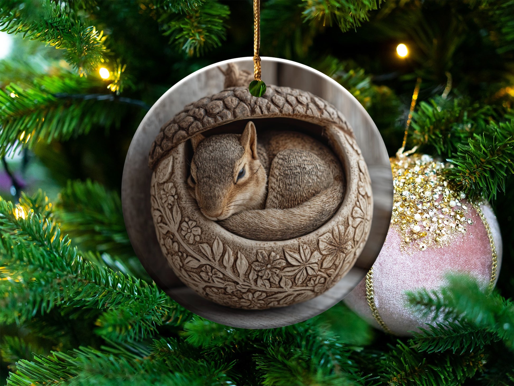 Sleeping Squirrel in Acorn Ornament Christmas Decor