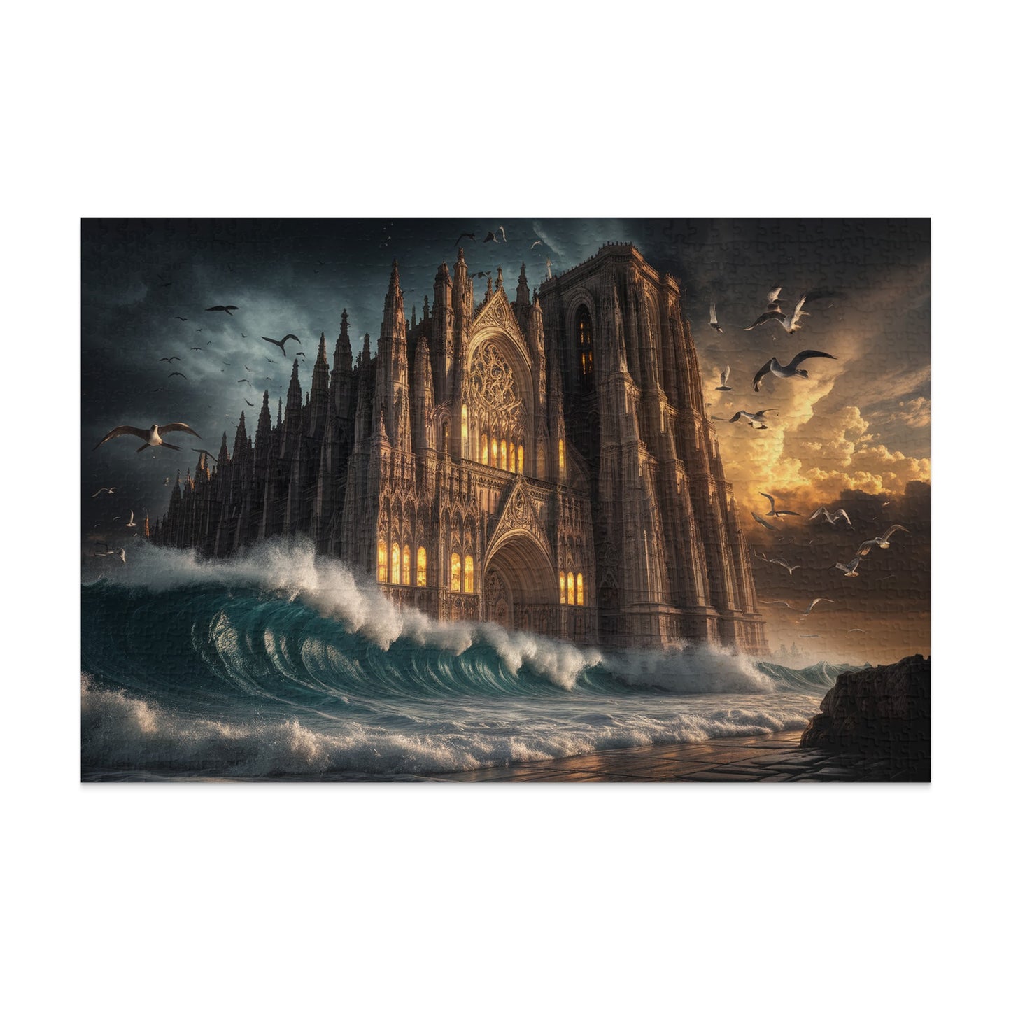 Gothic cathedral structure emerges from stormy sea with crashing waves and flying birds.