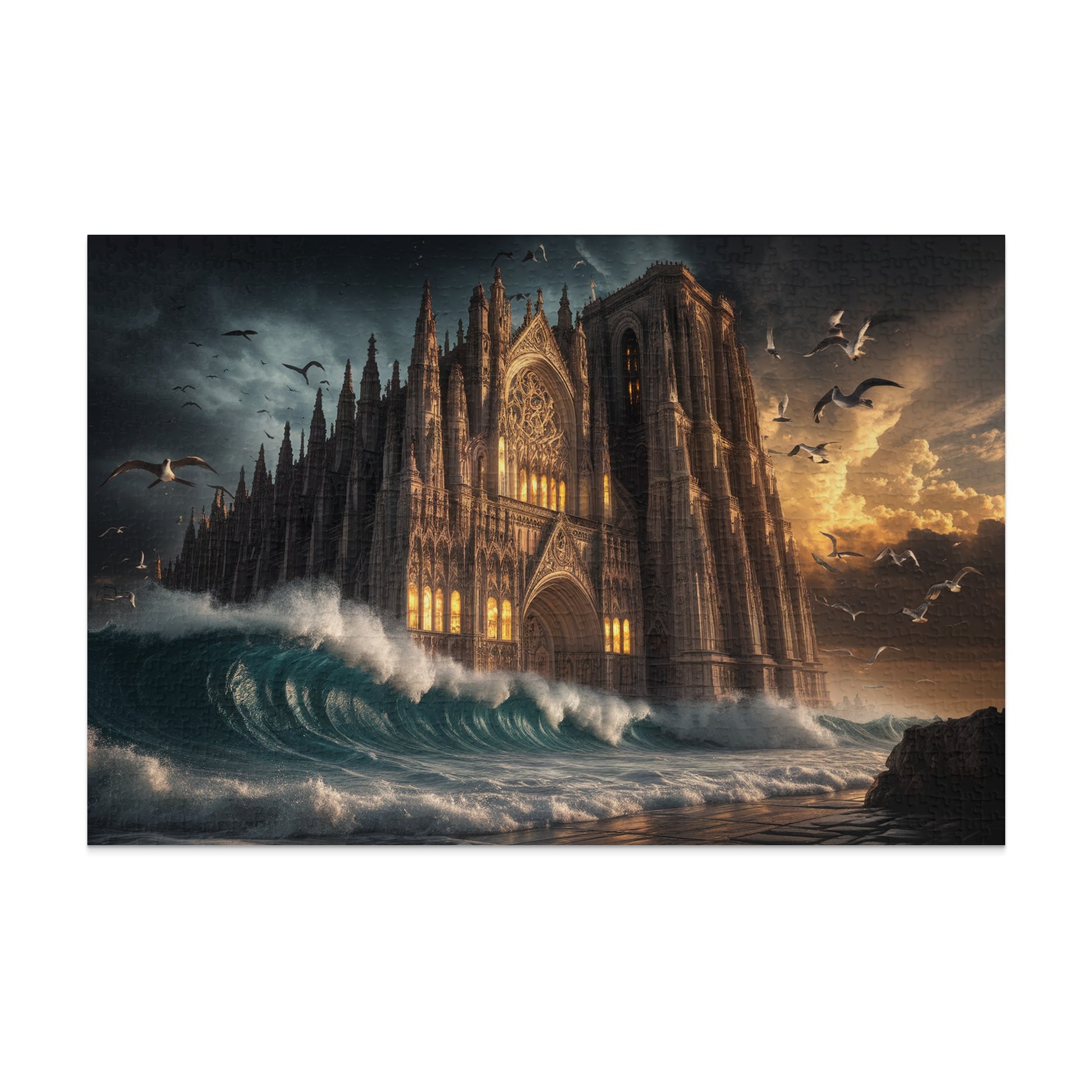 Gothic cathedral structure emerges from stormy sea with crashing waves and flying birds.