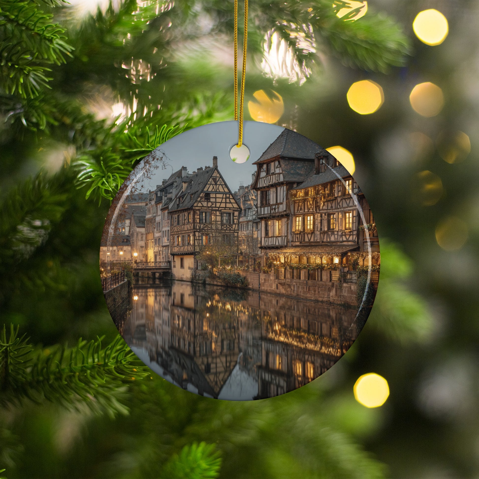 Scenic Night Village Reflection Holiday Decoration Ornament