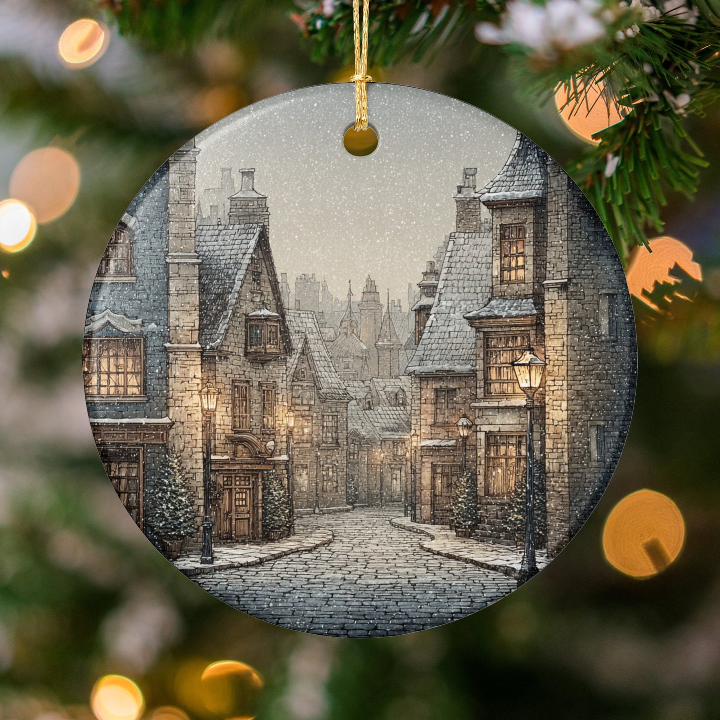 Enchanting Winter Village Scene Round Ornament