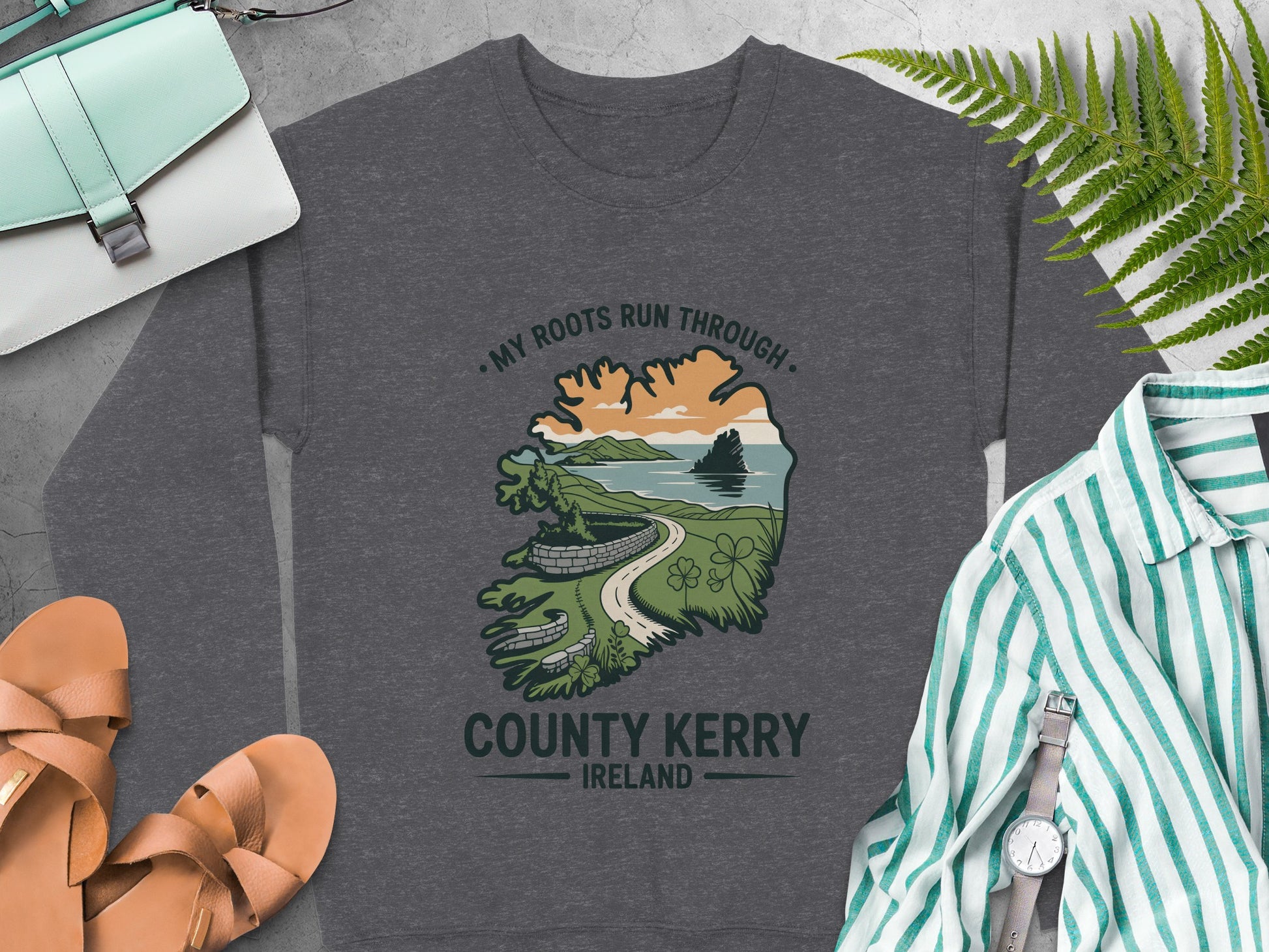 Dark gray sweatshirt with "My Roots Run Through County Kerry Ireland" graphic.