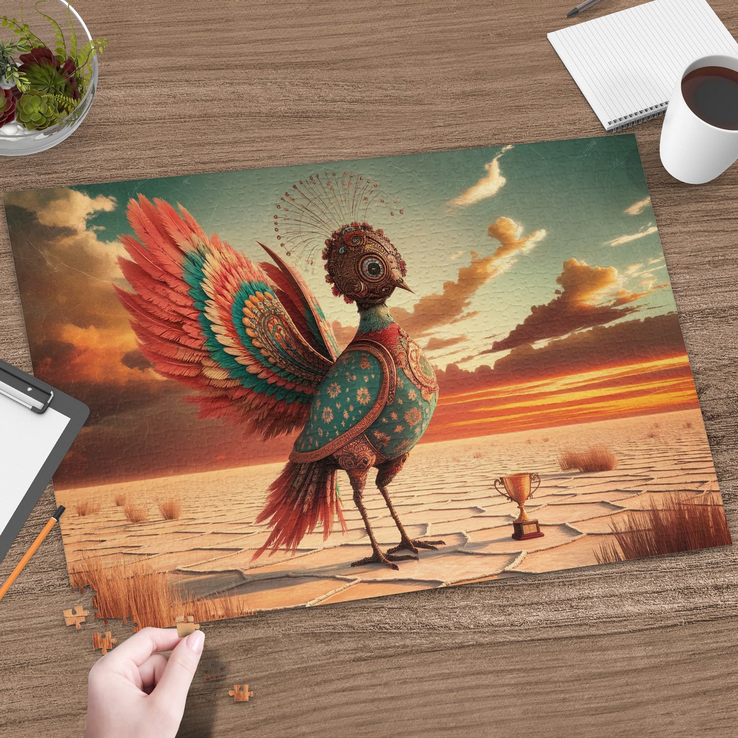 Ornate mechanical bird with a trophy in a desert landscape at sunset.