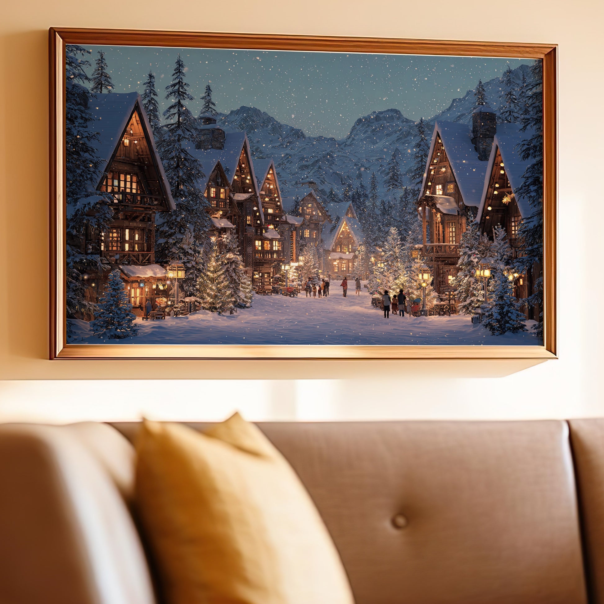 Winter Village Snowy Night Mountain Cabins Picture product type