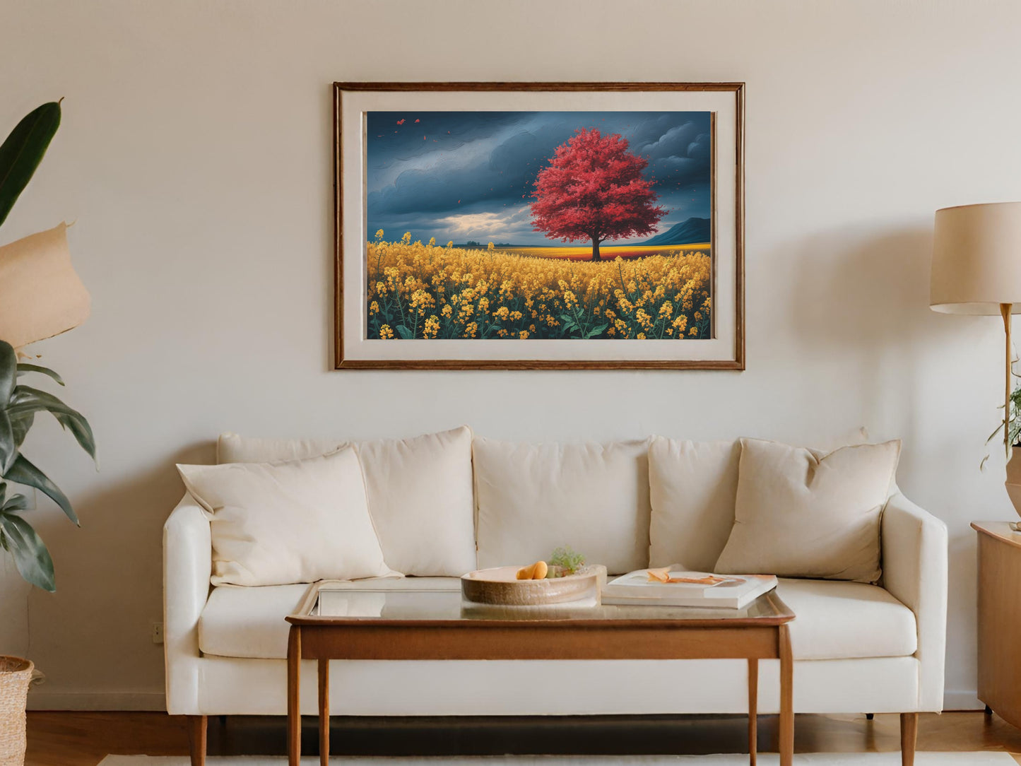 Framed artwork of a vibrant red tree in a field of yellow flowers under a stormy sky.