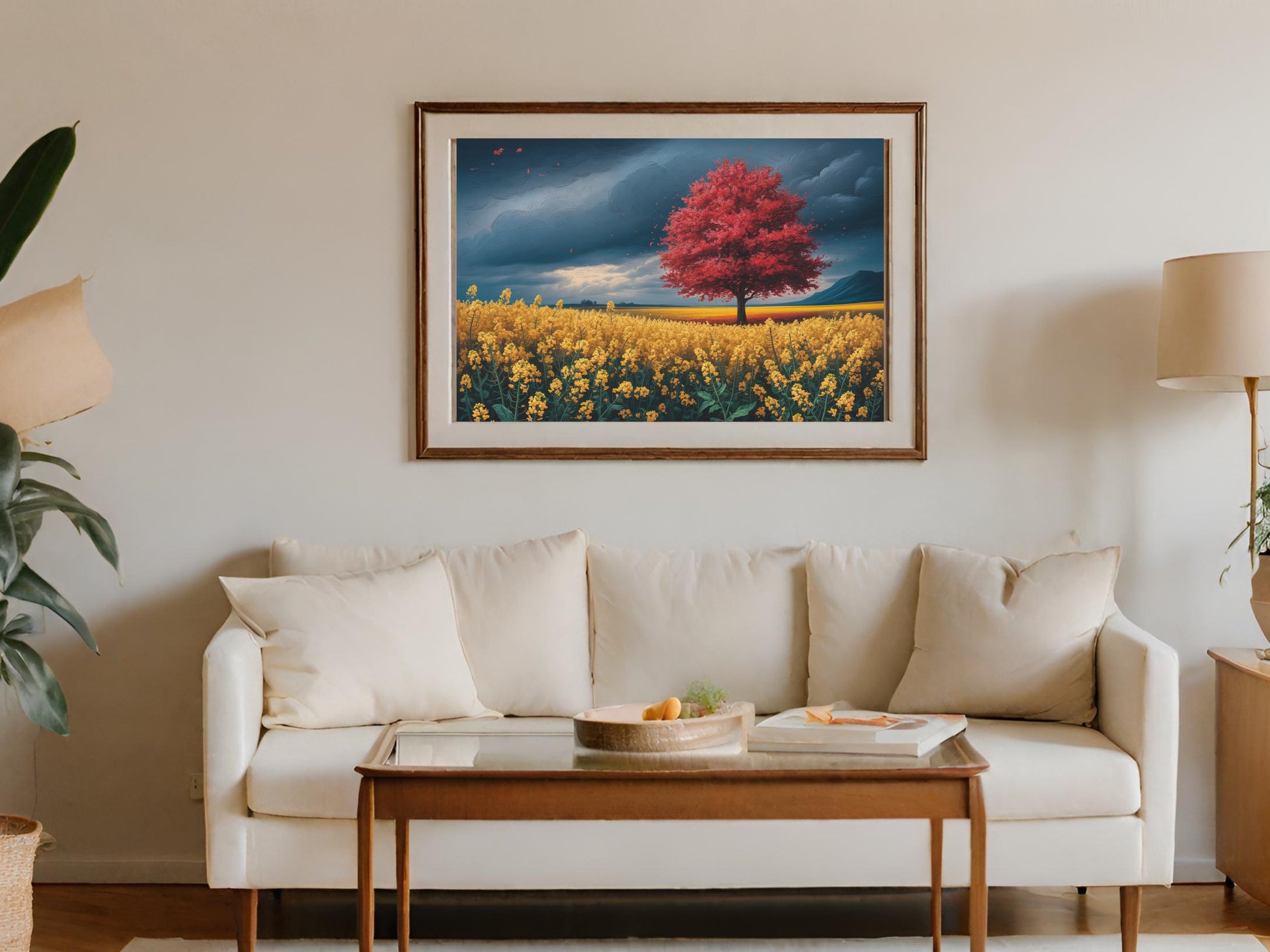 Framed artwork of a vibrant red tree in a field of yellow flowers under a stormy sky.