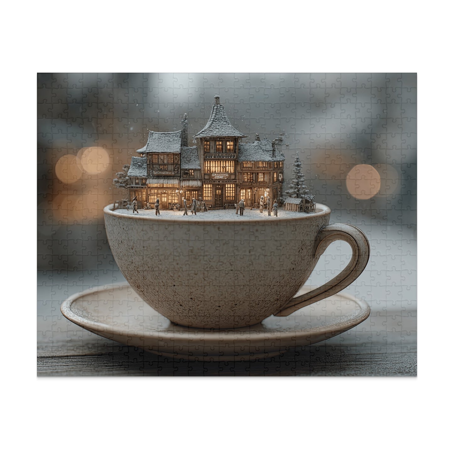 Miniature village scene inside a teacup on a saucer with bokeh background.