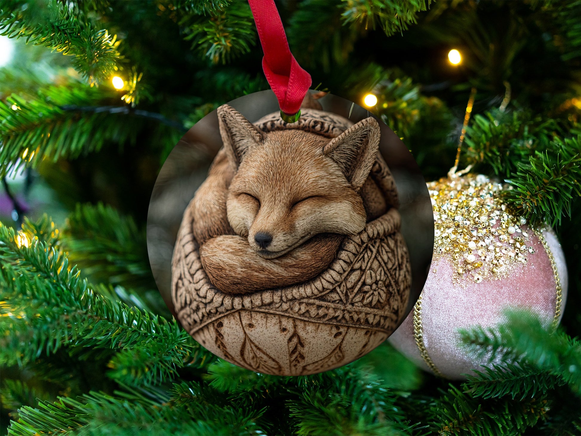 Sleeping Fox Christmas Tree Ornament Holiday Decoration