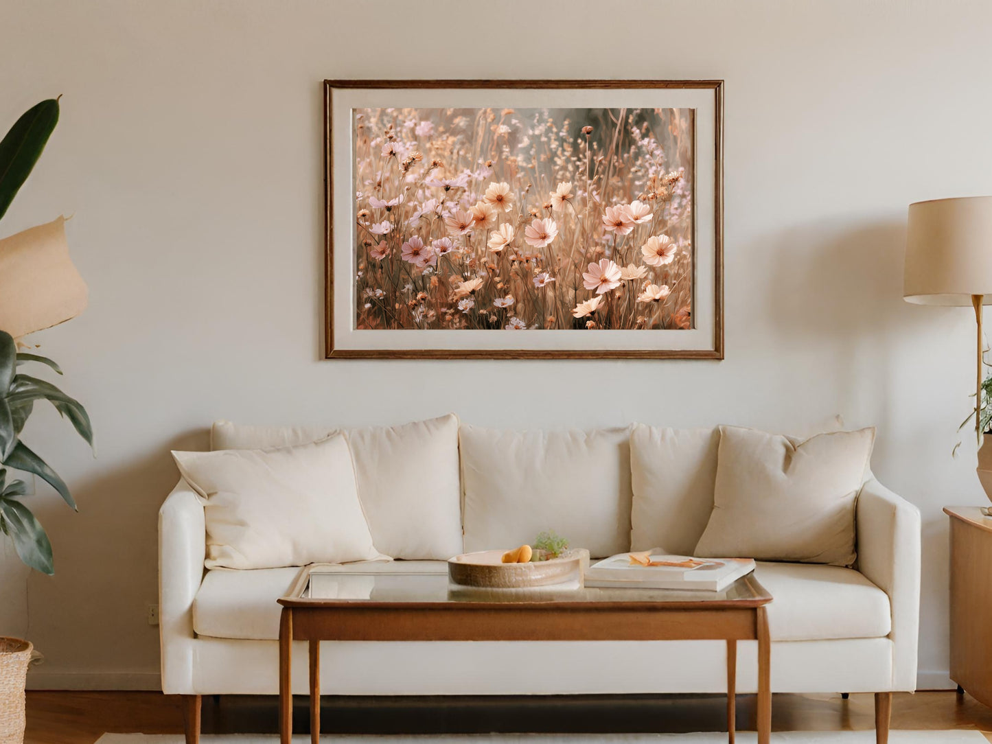 Framed artwork of a field of light pink and yellow wildflowers above a cream sofa.