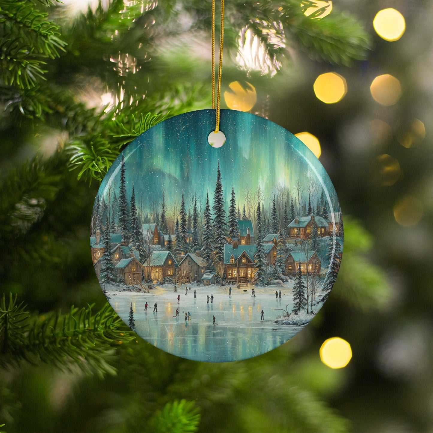 Snowy Village Scene with Skating Pond Holiday Ornament