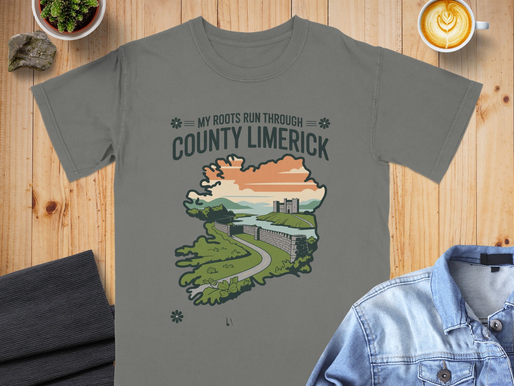 Grey t-shirt with "My Roots Run Through County Limerick" and castle illustration.