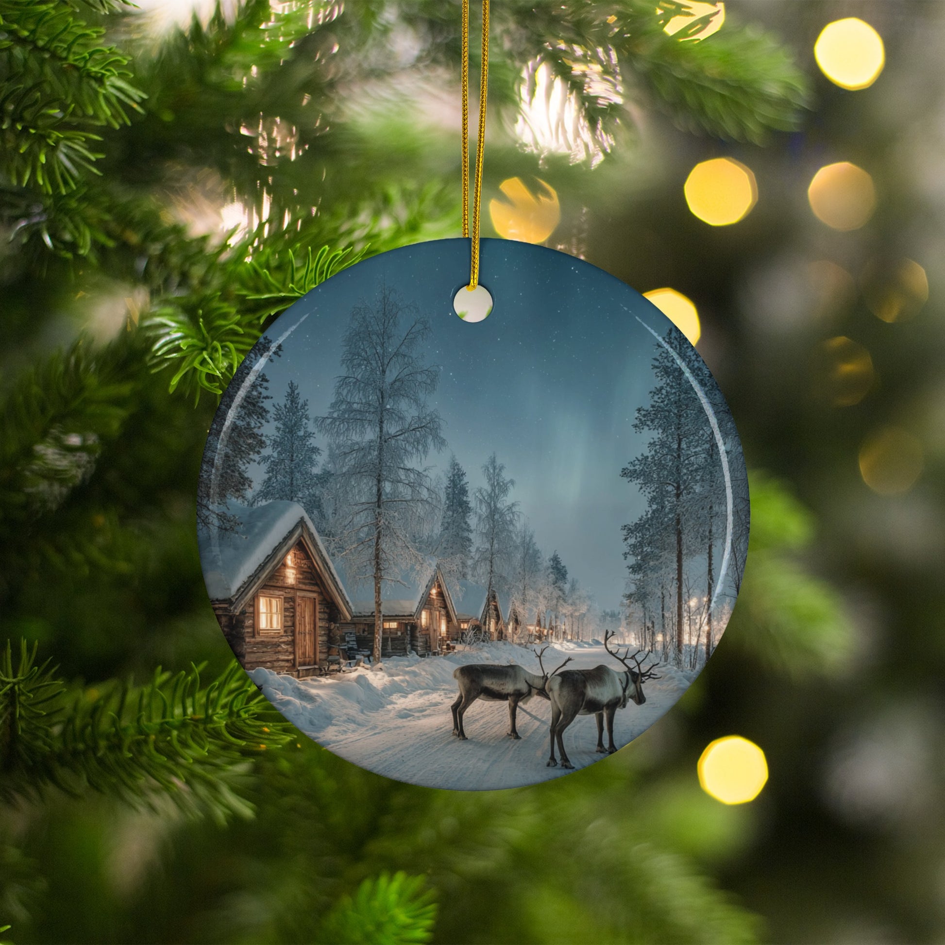 Snowy Village Scene with Reindeer Ornament