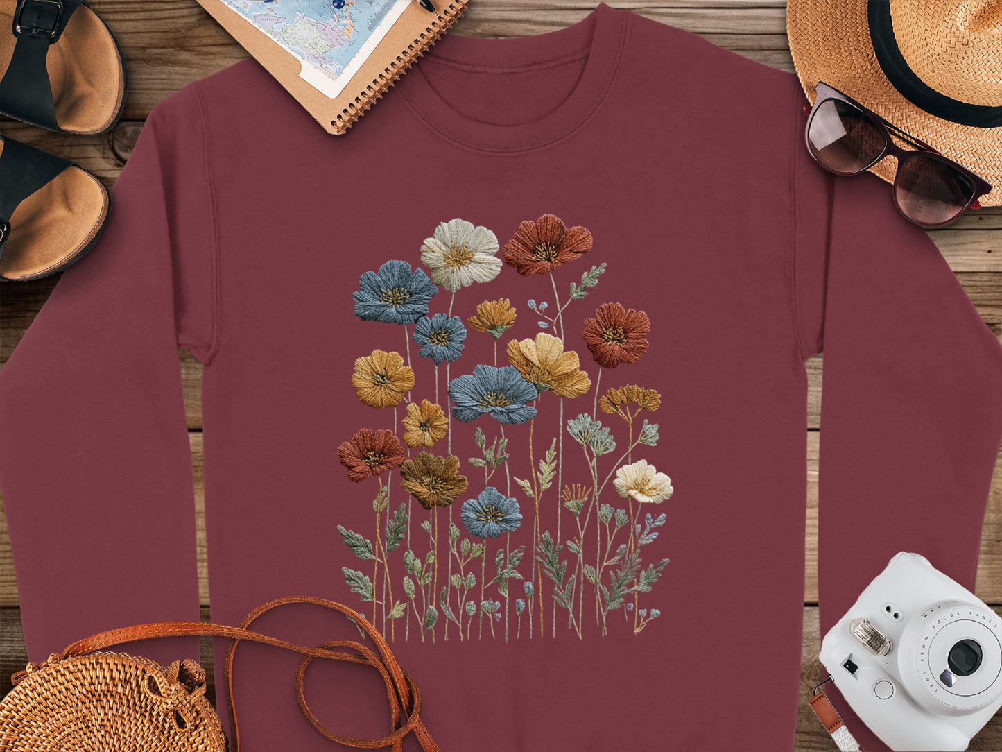Colorful Wildflower Embroidery Design on Maroon Shirt
