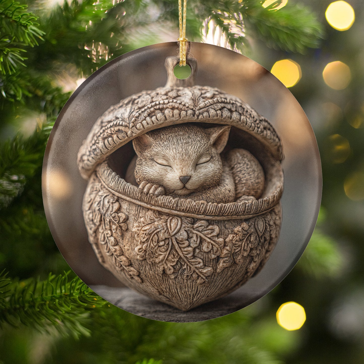 Cute Sleeping Cat in Acorn Ornament Christmas Decor
