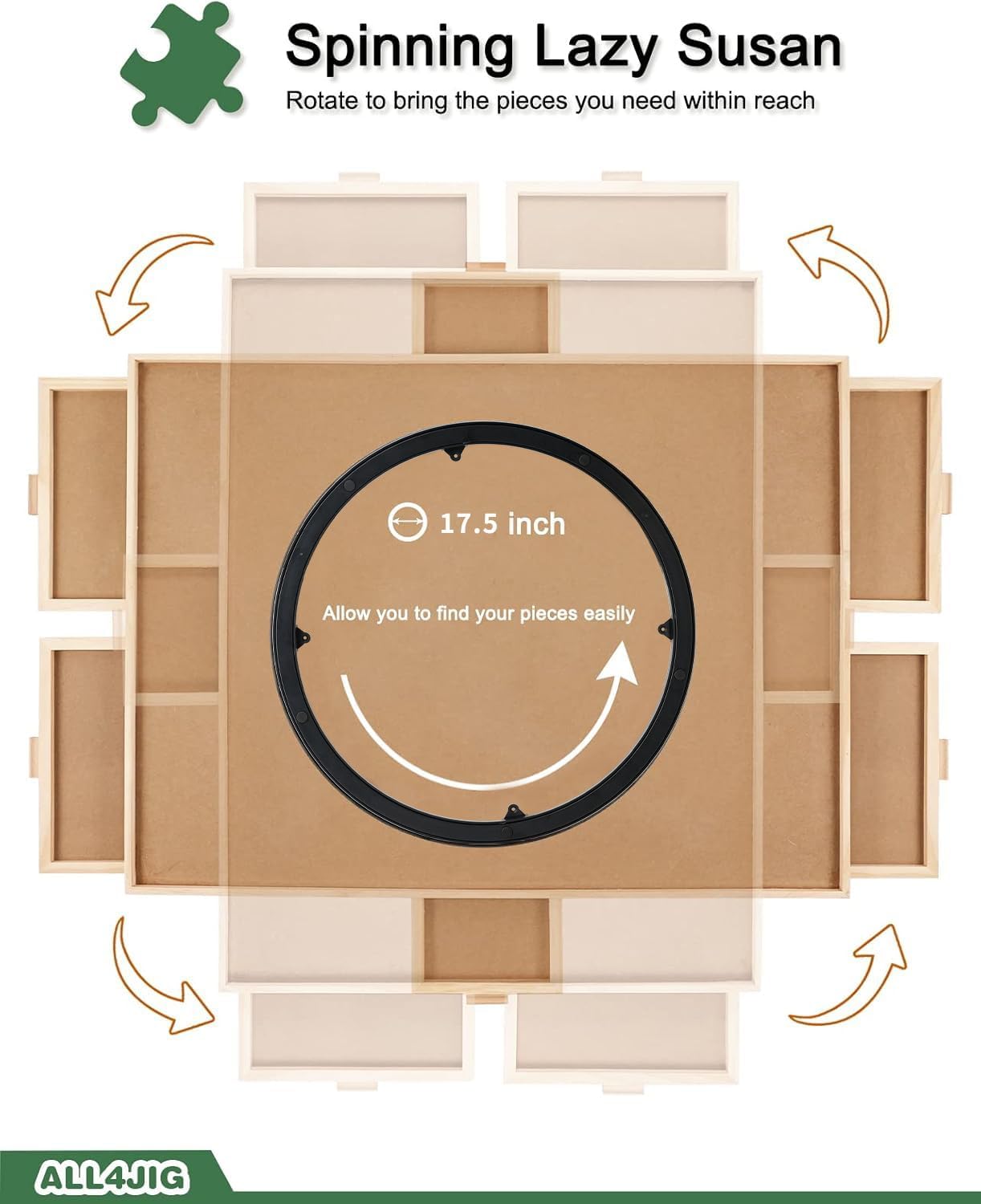 ALL4JIG 2000 Pieces Rotating Puzzle Board with 6 Drawers and Cover,28"x40"Portable Wooden Jigsaw Puzzle Table for Adults,Lazy Susan Spinning Puzzle Boards