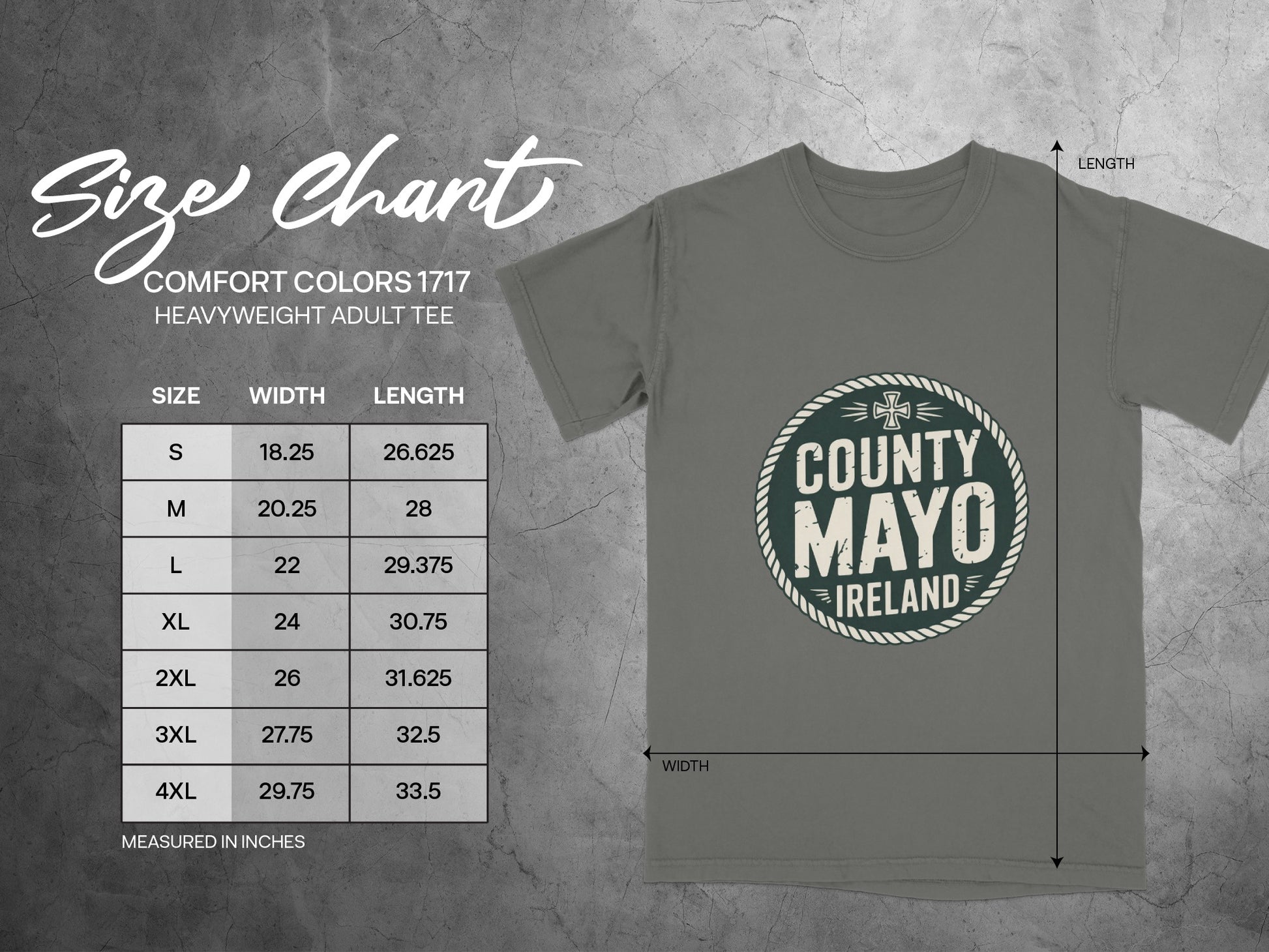 Size chart for Comfort Colors 1717 heavyweight adult tee with County Mayo Ireland graphic.