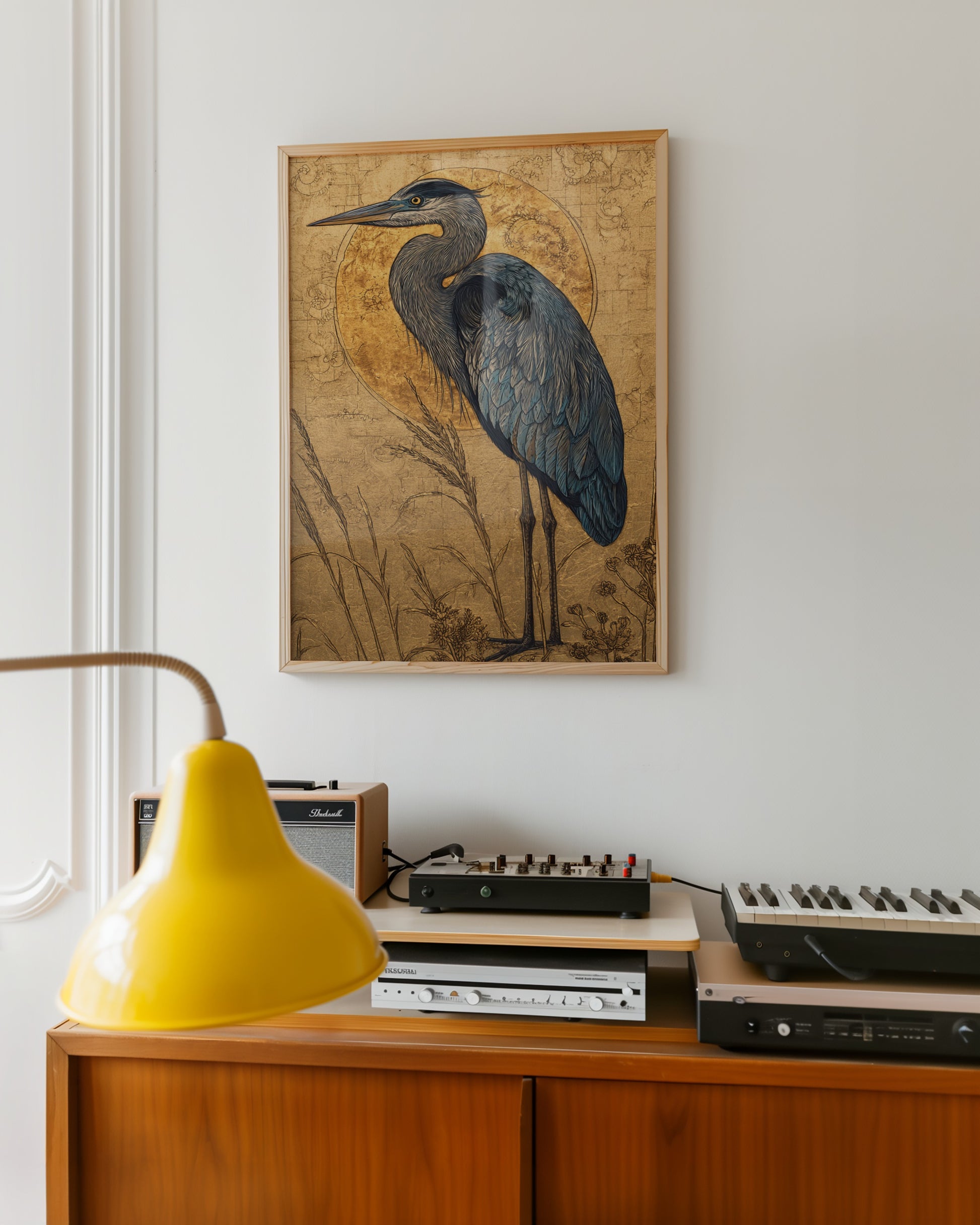 Elegant Heron Art Print with Golden Accents Wall Decor