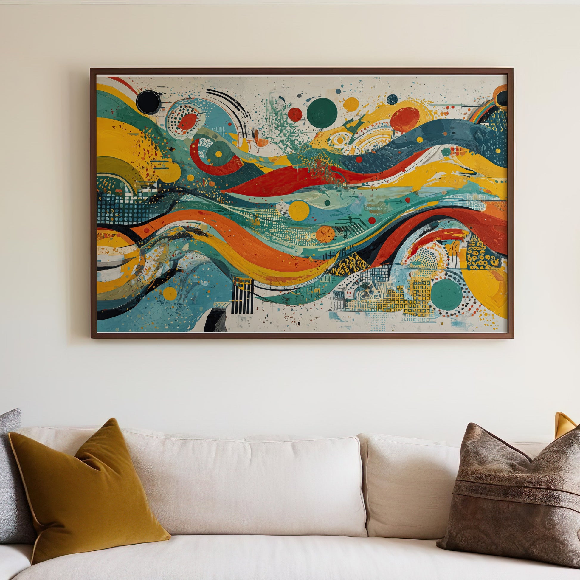 Vibrant Abstract Painting Wavy Lines Colorful Dots Modern Art product type
Abstract art, Modern painting, Colorful artwork, Contemporary decor, Wall art, Home decor, Vibrant colors, Dynamic design, Fluid shapes, Geometric patterns, Art print, Canvas art, Living room art, Bedroom decor, Office art, Large wall art, Artistic expression, Unique design, Gallery wall, Abstract lines