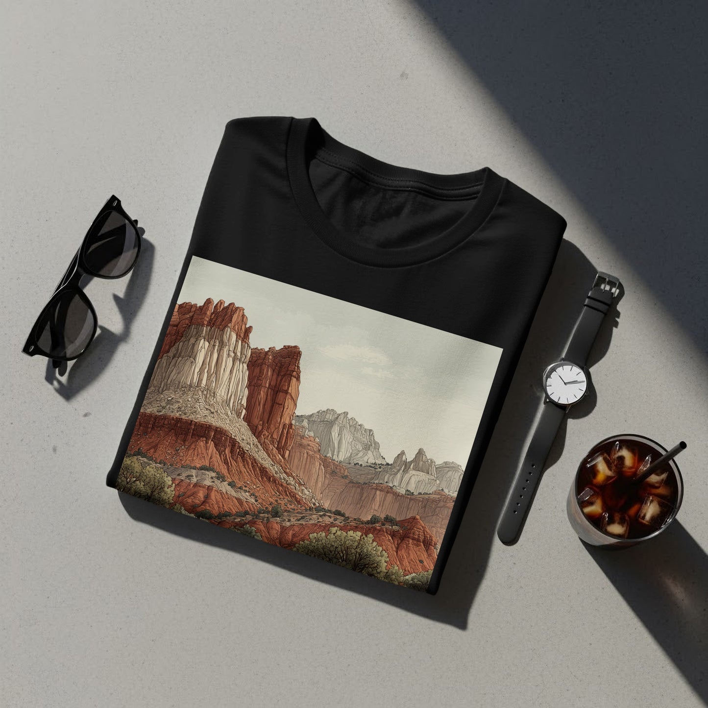 Scenic Mountain Landscape on Black T-Shirt Design