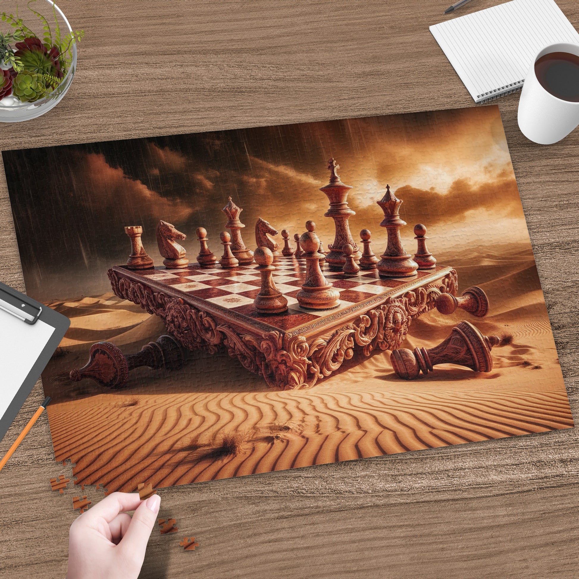 Chessboard set in desert landscape with stormy, orange sky and fallen pieces.